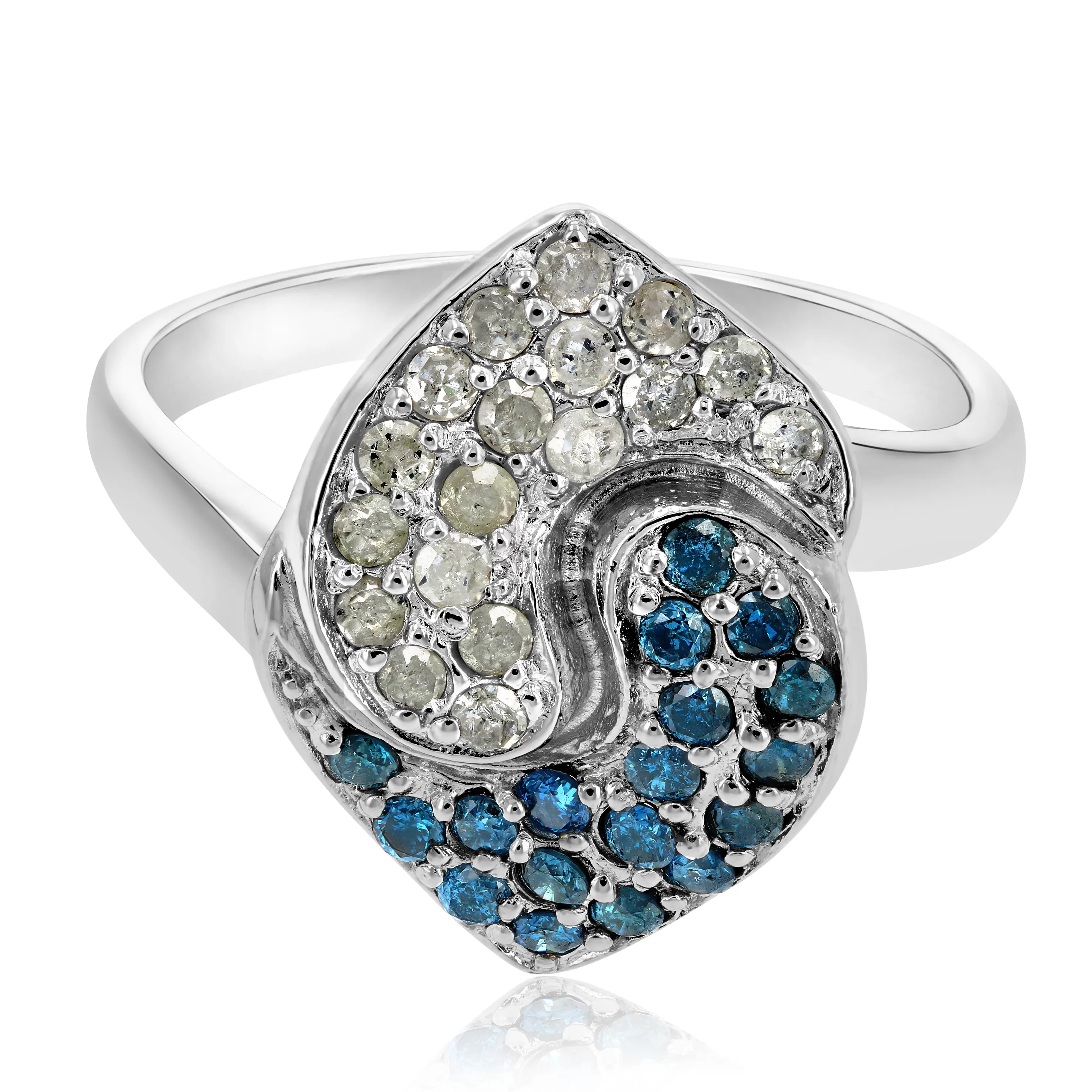 0.80 cttw Blue and White Diamond Ring .925 Sterling Silver with Rhodium Plating