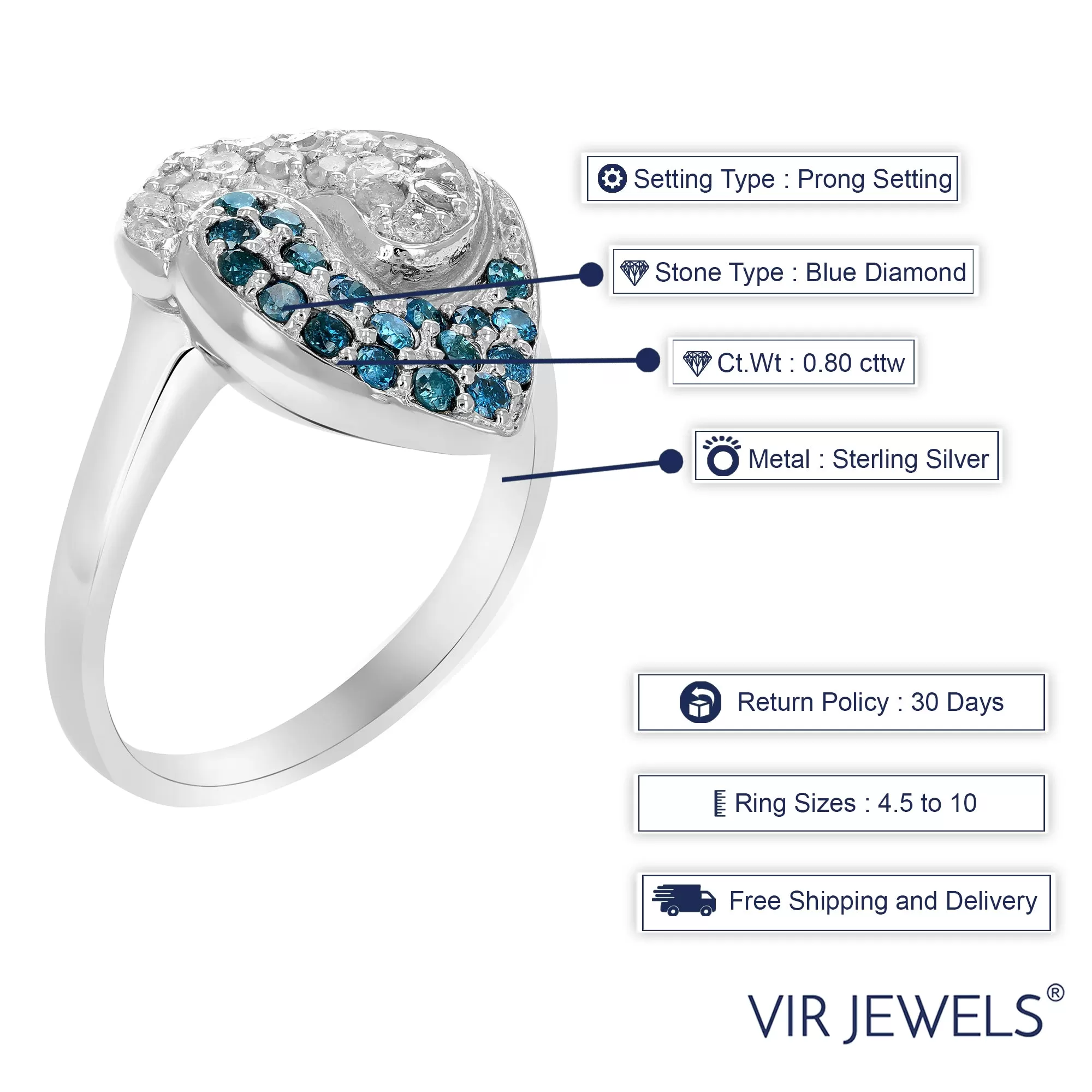 0.80 cttw Blue and White Diamond Ring .925 Sterling Silver with Rhodium Plating