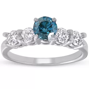 1 1/2ct Blue & White Diamond Engagement Ring 14k White Gold