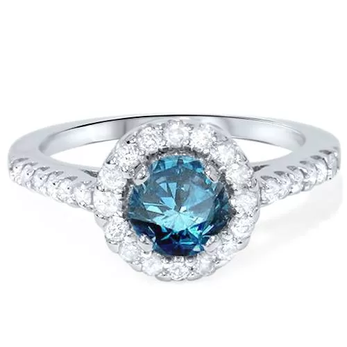 1 1/2ct Blue & White Diamond Halo Engagement Round 14K White Gold