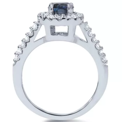 1 1/2ct Blue & White Diamond Halo Engagement Round 14K White Gold