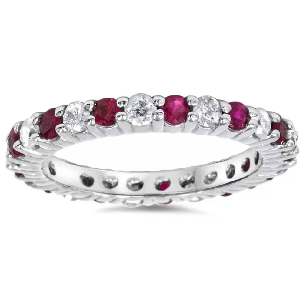 1 1/2ct Garnet Diamond Eternity Ring 14k White Gold