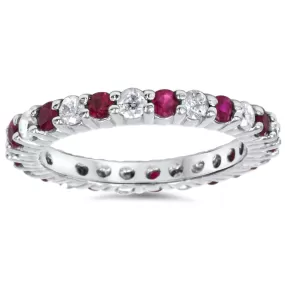 1 1/2ct Garnet Diamond Eternity Ring 14k White Gold