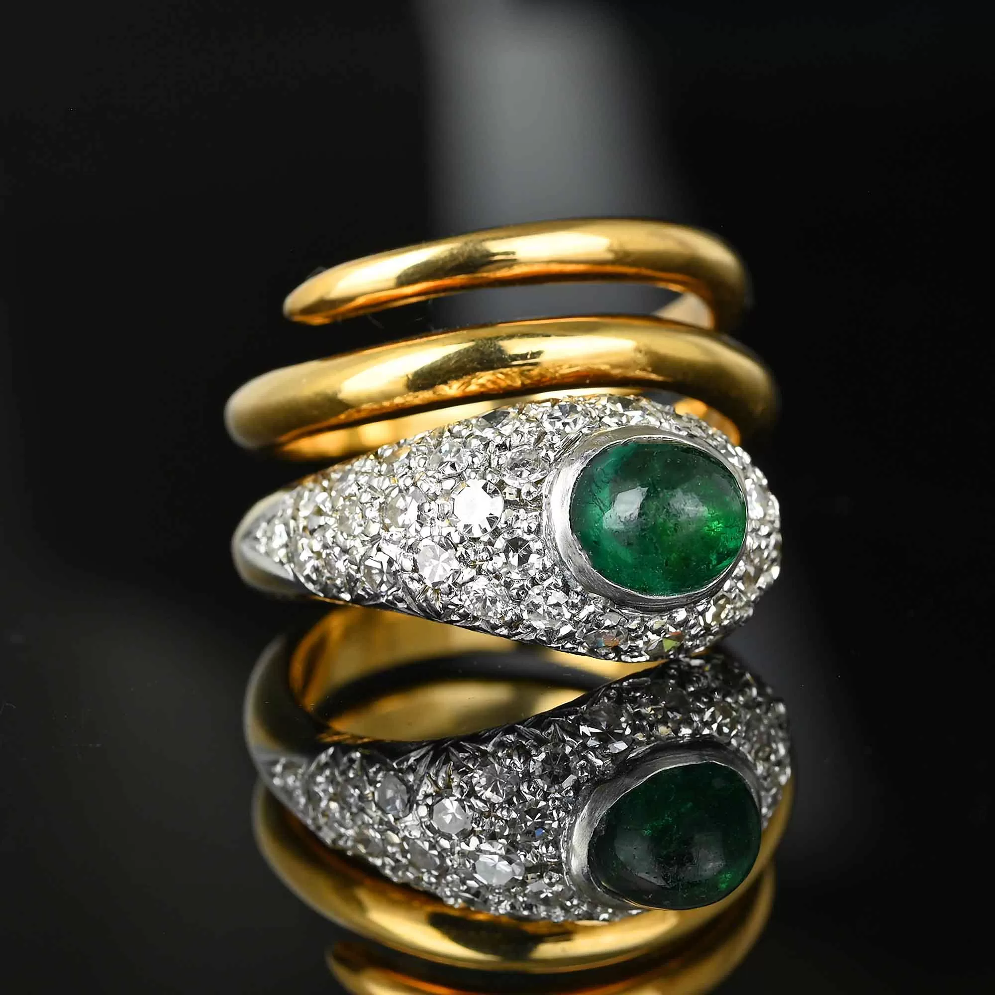 18K Gold Diamond Cluster Emerald Snake Ring