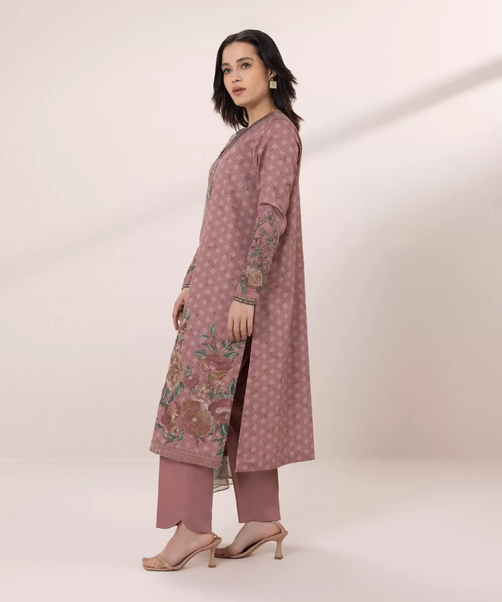 3 Piece - Embroidered Cotton Satin Suit