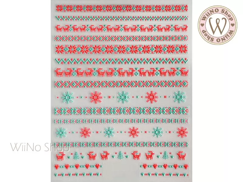 3D Red Green Reindeer Sweater Pattern Adhesive Nail Art Sticker - 1 pc (TS-270)