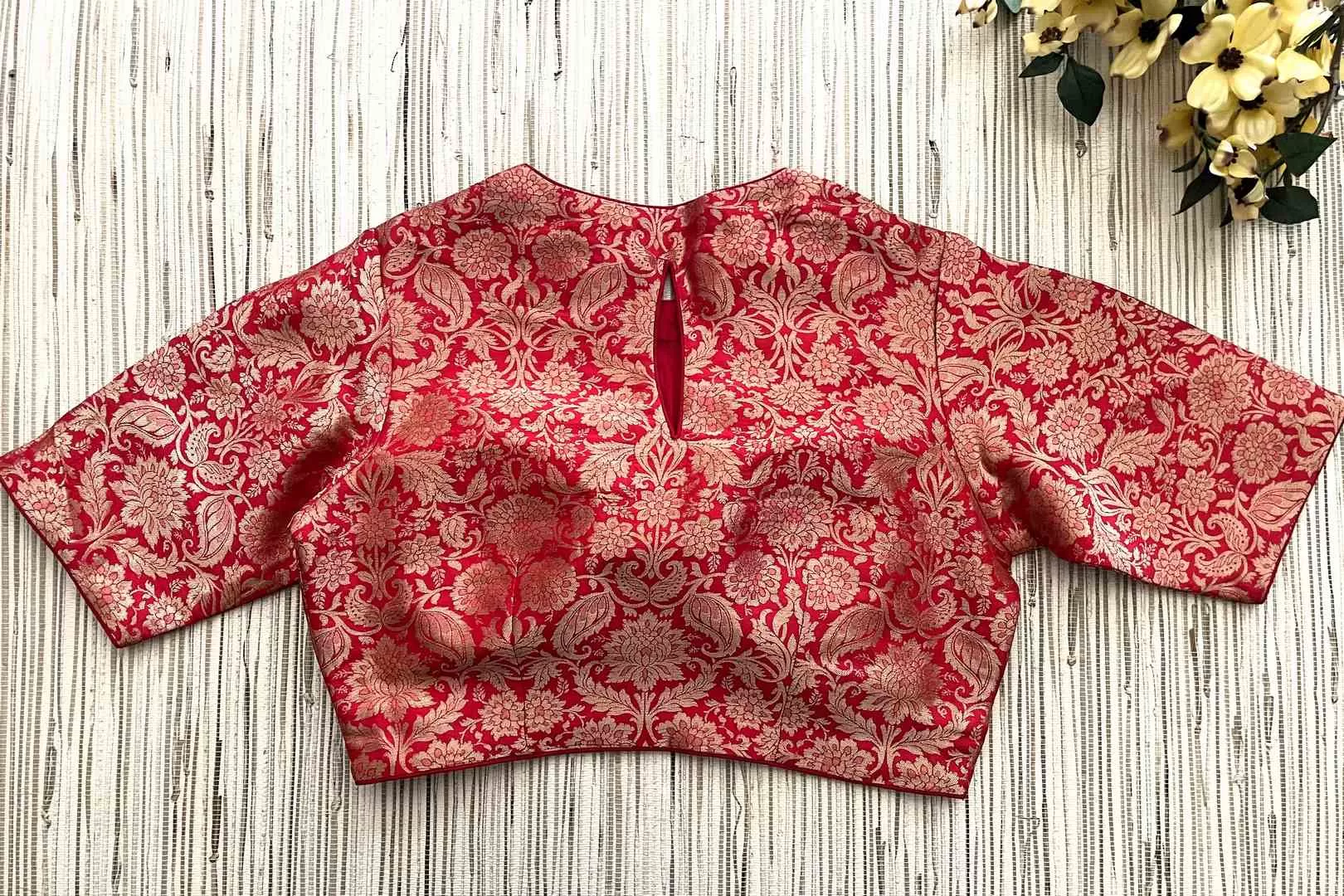 42A003 Red Banarasi Sari Blouse With Elbow Sleeves