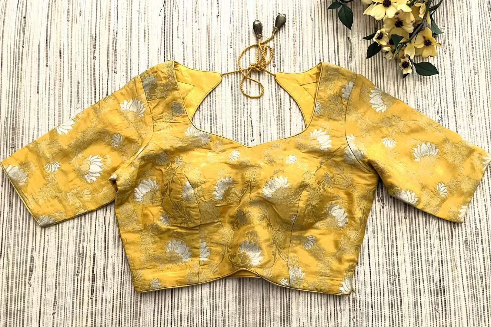 42A011 Yellow Banarasi Saree Blouse