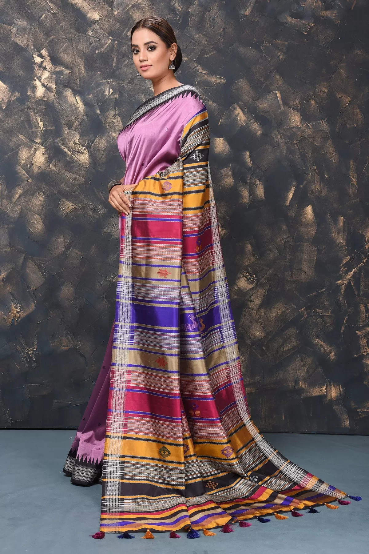 90L996 Lavender Behrampur Silk Sari with Thread Work Border and Multicolor Pallu