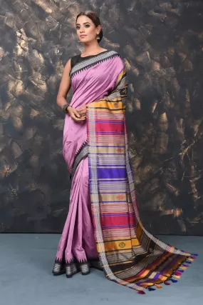 90L996 Lavender Behrampur Silk Sari with Thread Work Border and Multicolor Pallu