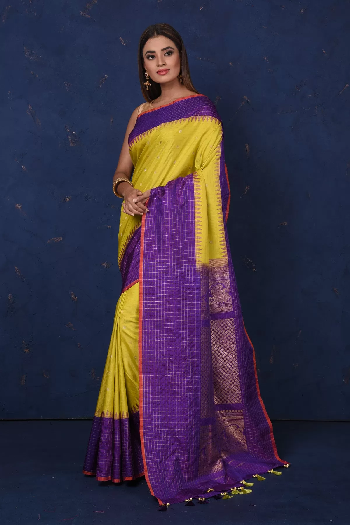 90M073 Pista Green Gadhwal Silk Sari with Purple Border and Pallu