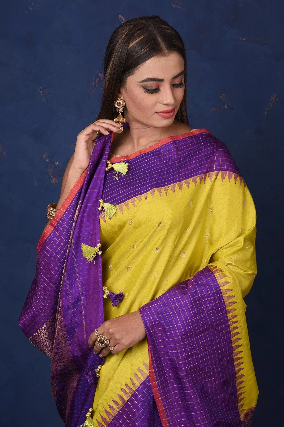 90M073 Pista Green Gadhwal Silk Sari with Purple Border and Pallu