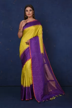 90M073 Pista Green Gadhwal Silk Sari with Purple Border and Pallu