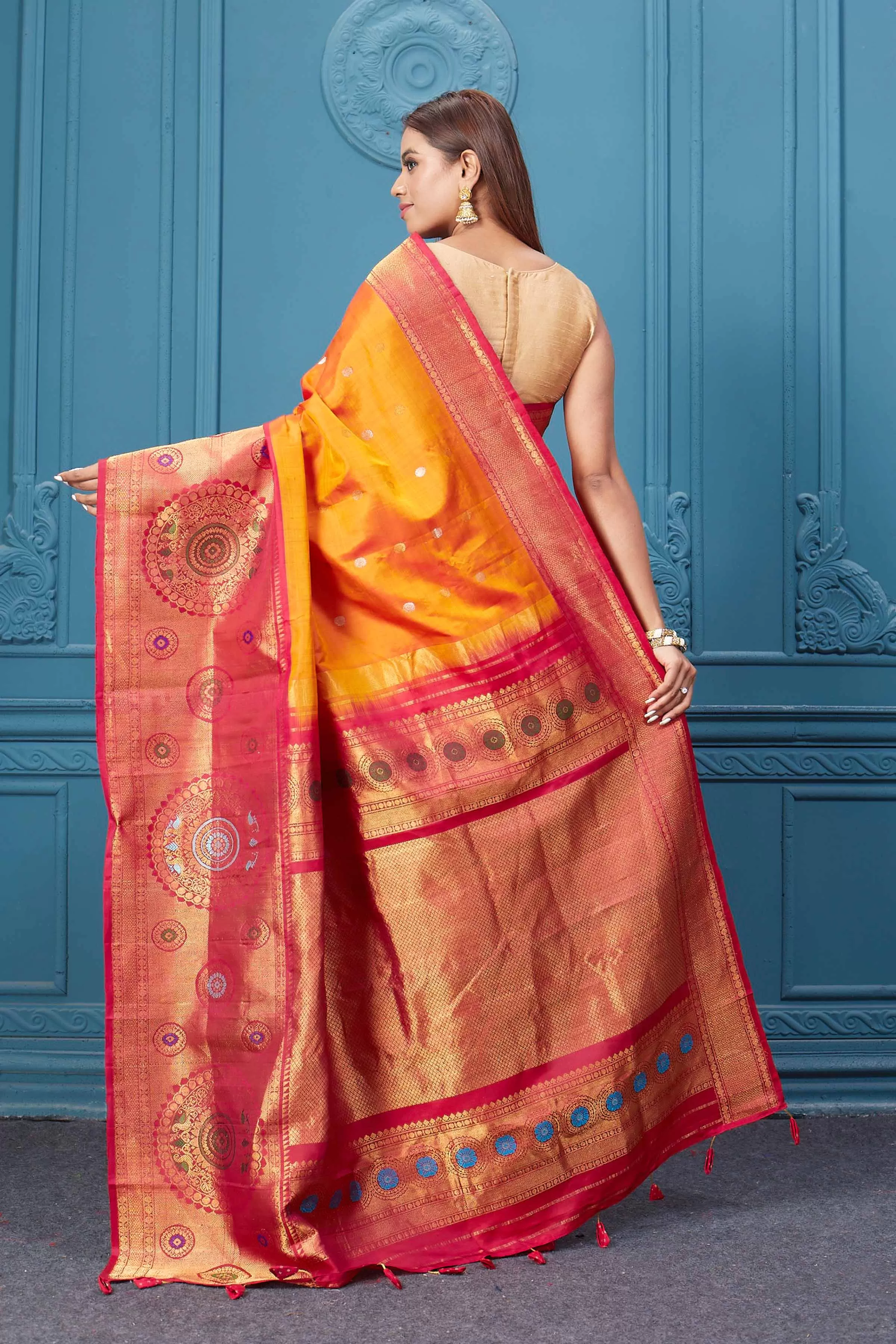 91A003 Orange Gadhwal Silk Saree with Pink Golden Zari Border