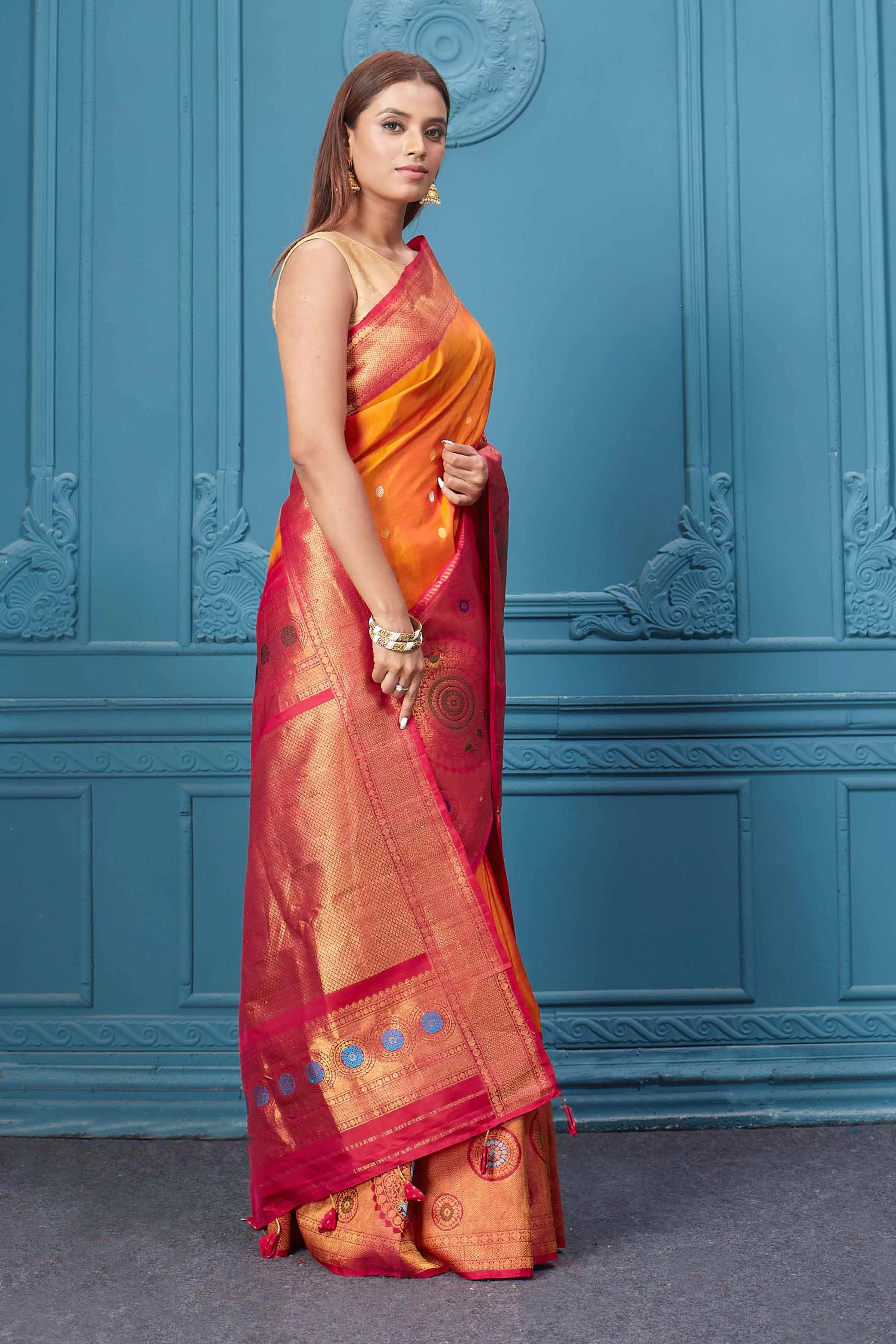 91A003 Orange Gadhwal Silk Saree with Pink Golden Zari Border