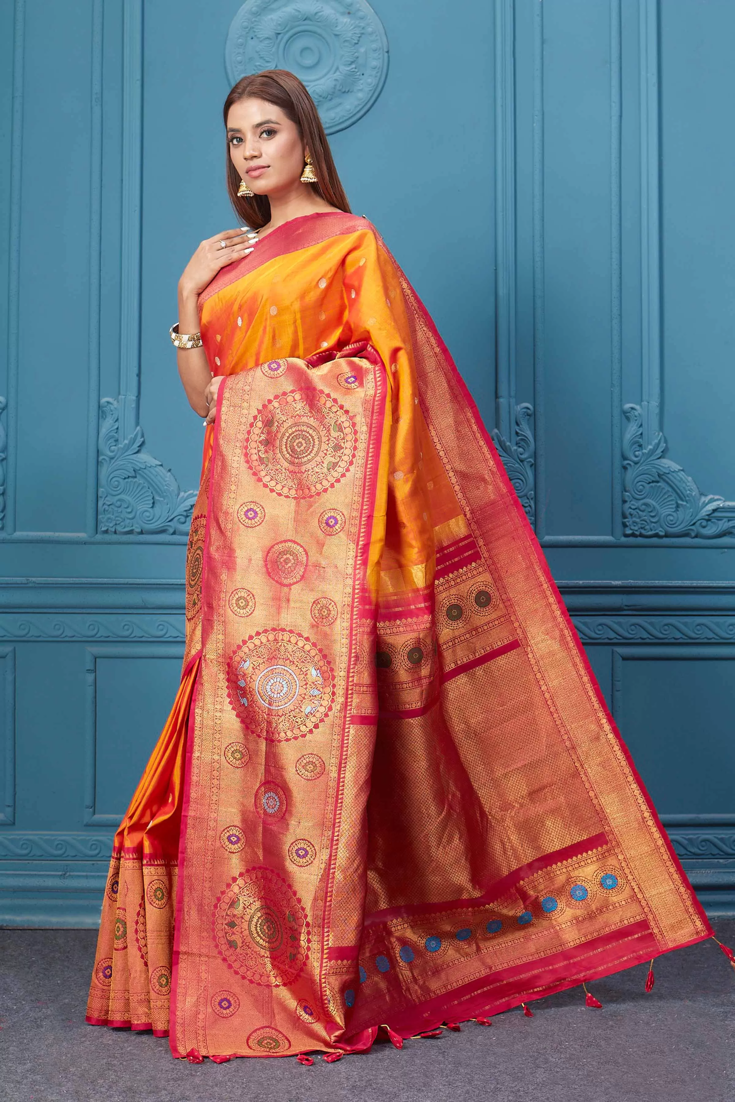 91A003 Orange Gadhwal Silk Saree with Pink Golden Zari Border