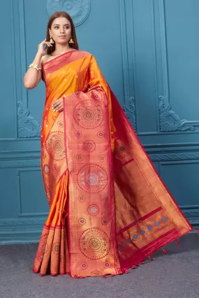 91A003 Orange Gadhwal Silk Saree with Pink Golden Zari Border