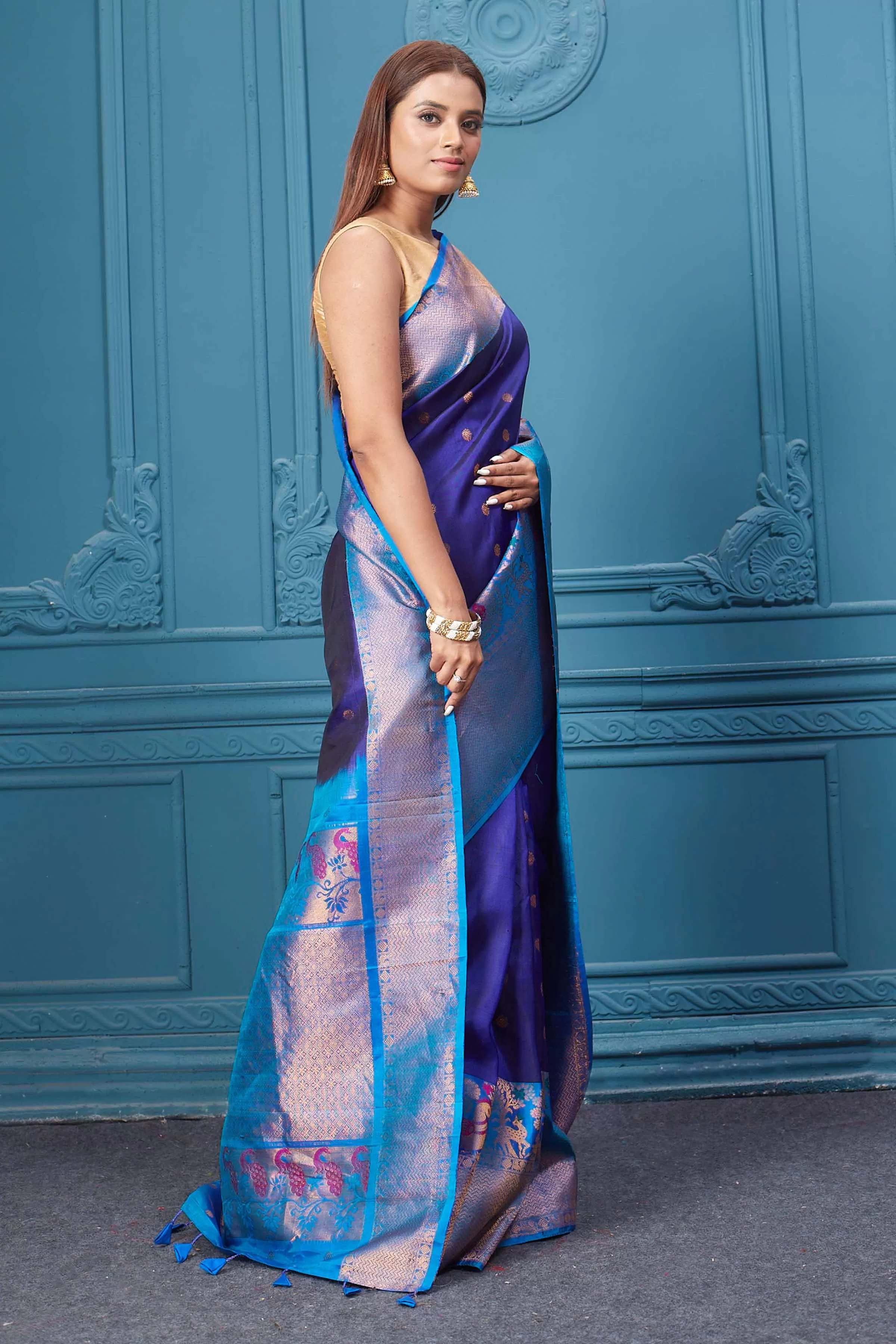 91A004 Royal Blue Gadhwal Silk Saree with Antique Golden Border