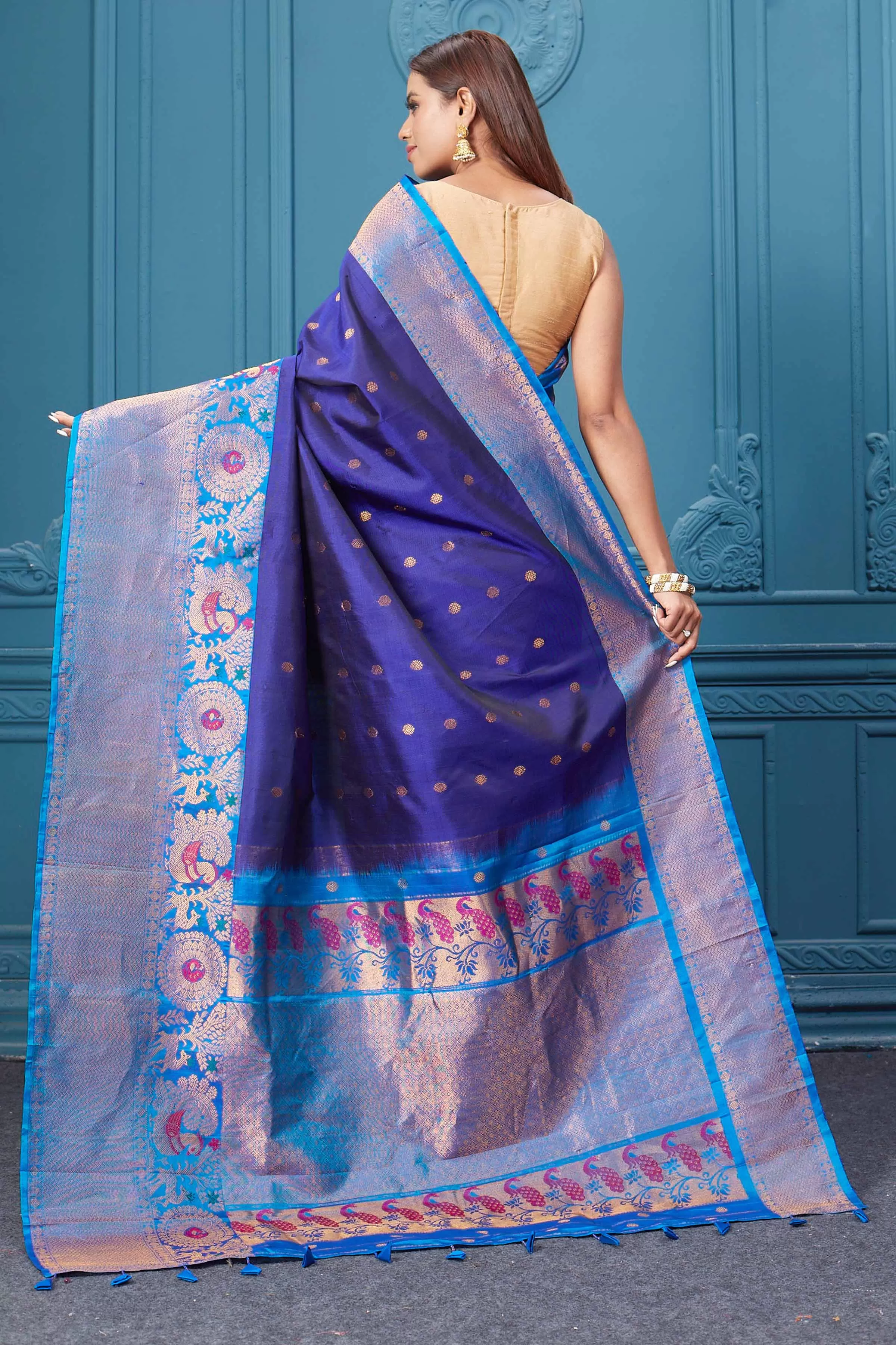 91A004 Royal Blue Gadhwal Silk Saree with Antique Golden Border