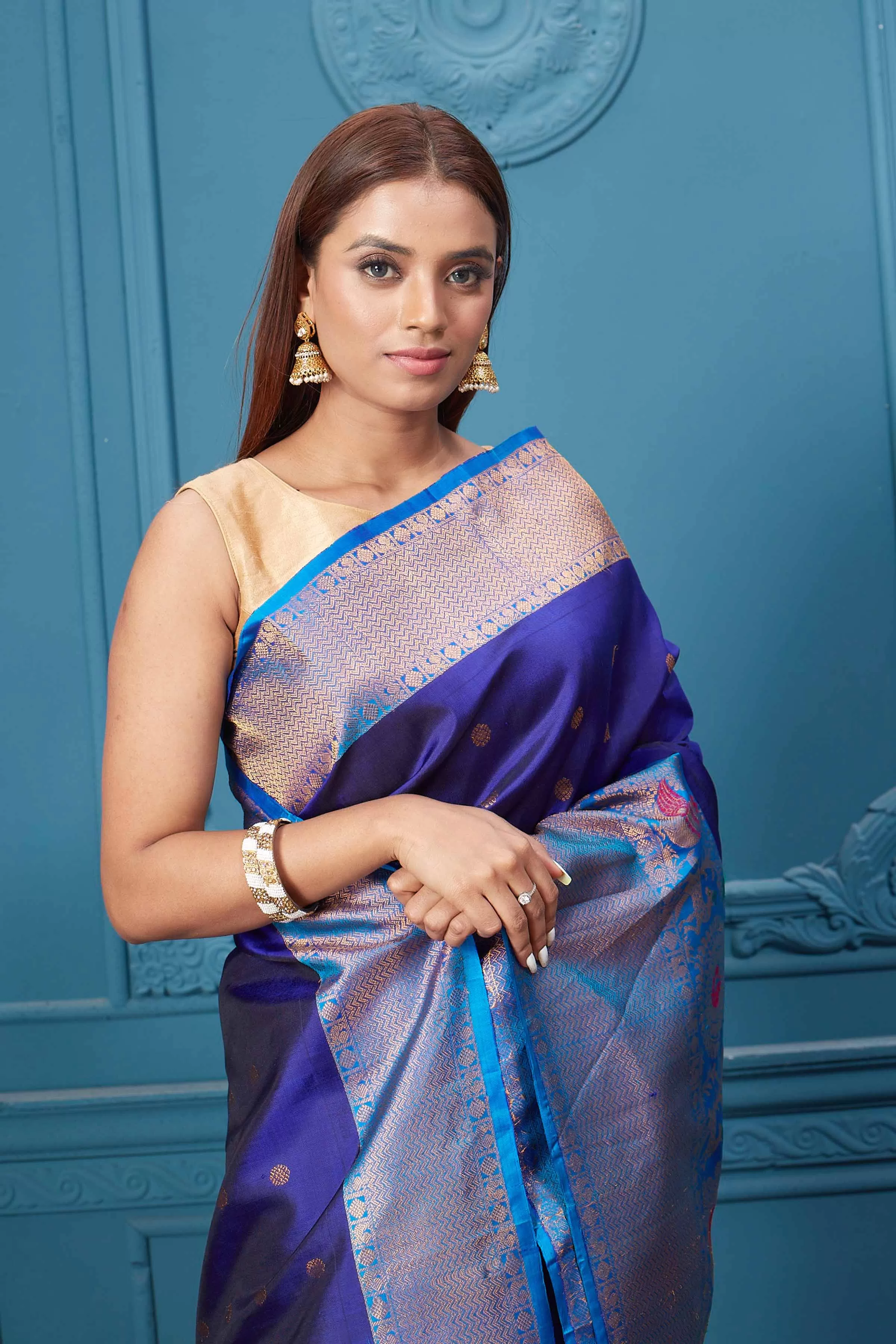 91A004 Royal Blue Gadhwal Silk Saree with Antique Golden Border