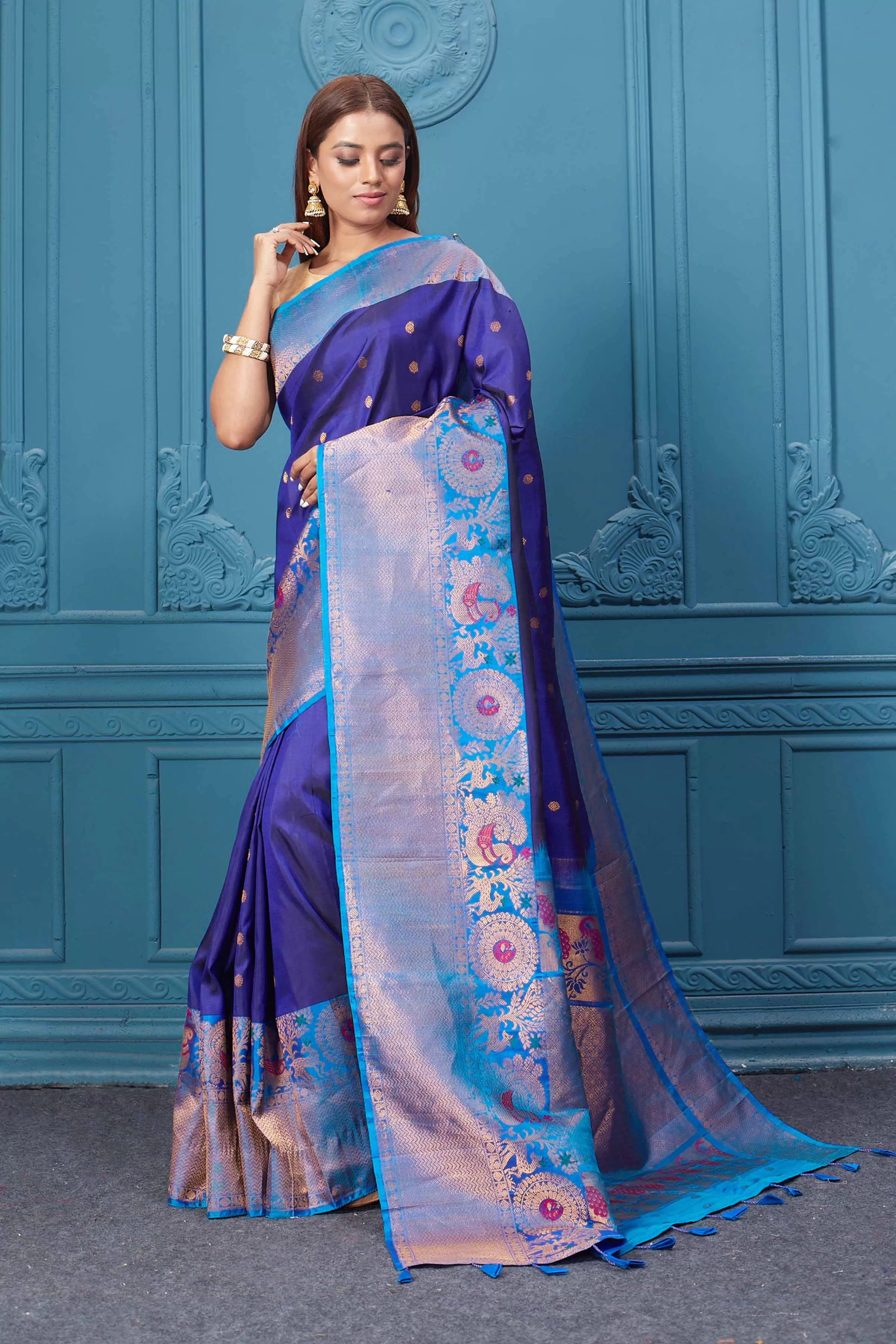 91A004 Royal Blue Gadhwal Silk Saree with Antique Golden Border