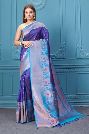 91A004 Royal Blue Gadhwal Silk Saree with Antique Golden Border