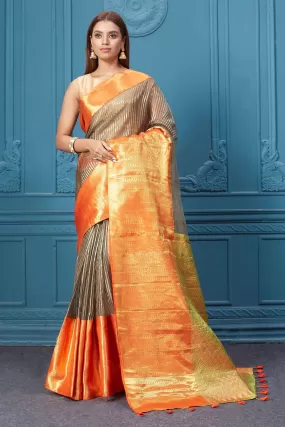 91A006 Brown Striped Kora Kanjivaram Sari with Orange Border