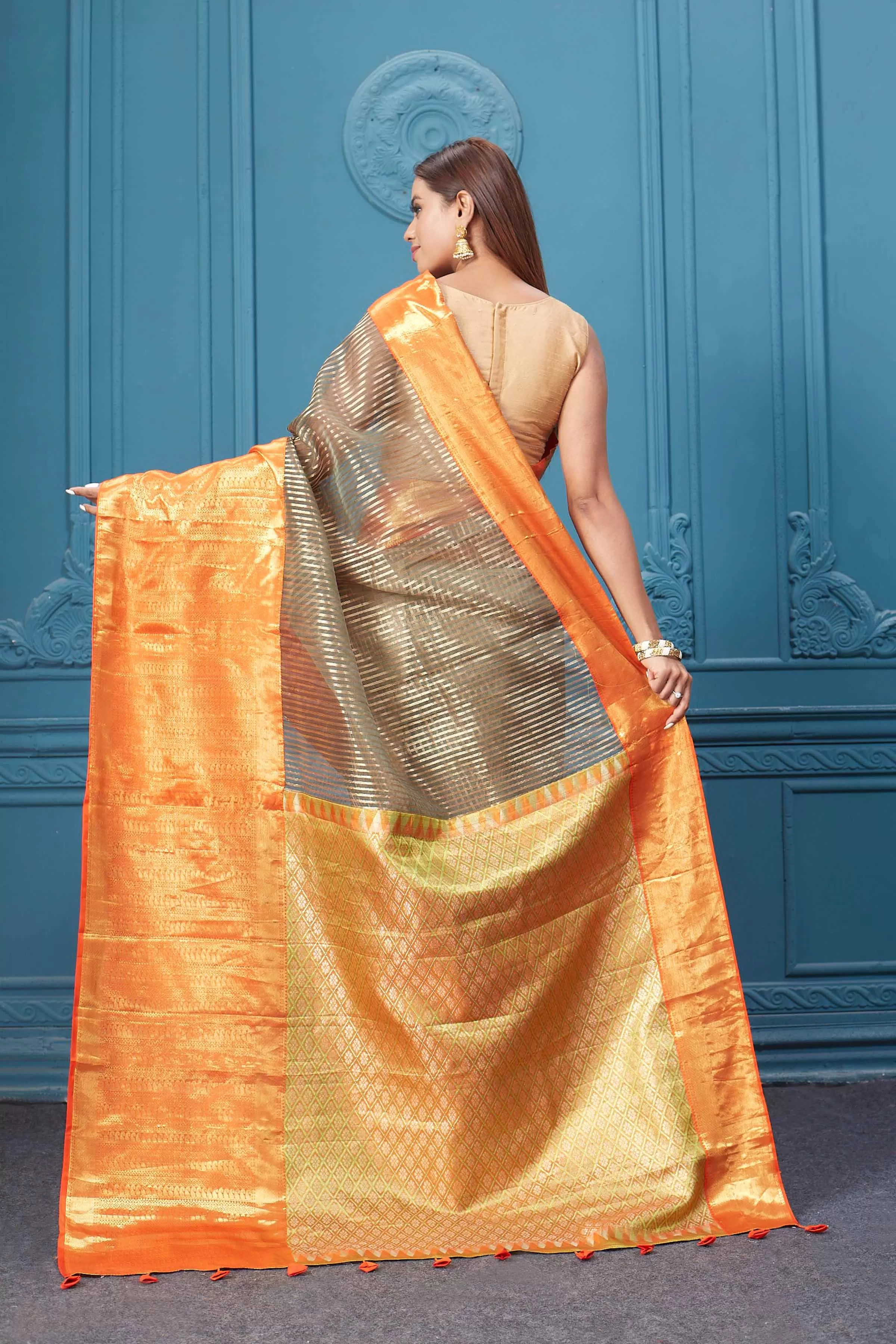 91A006 Brown Striped Kora Kanjivaram Sari with Orange Border