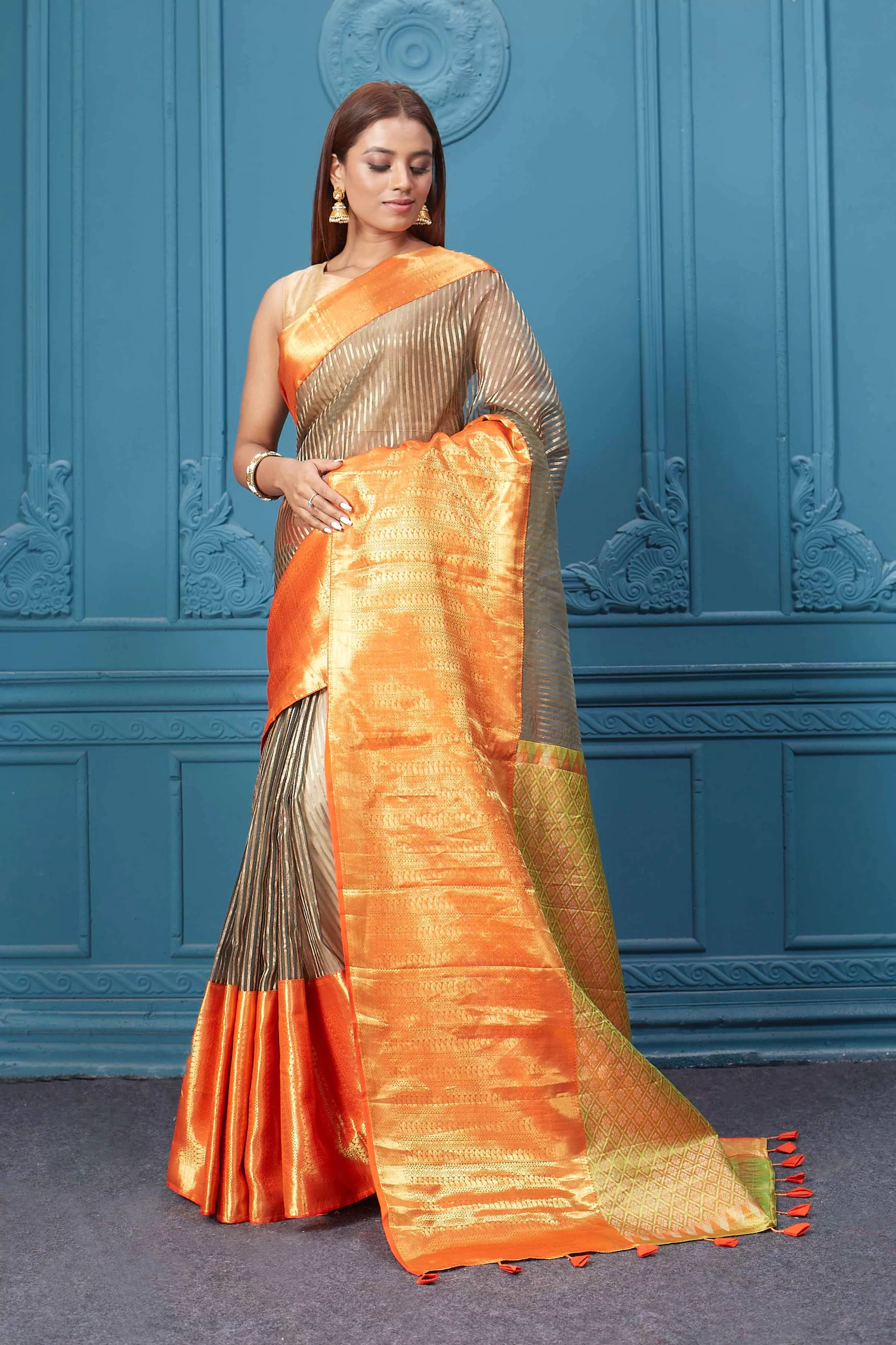 91A006 Brown Striped Kora Kanjivaram Sari with Orange Border