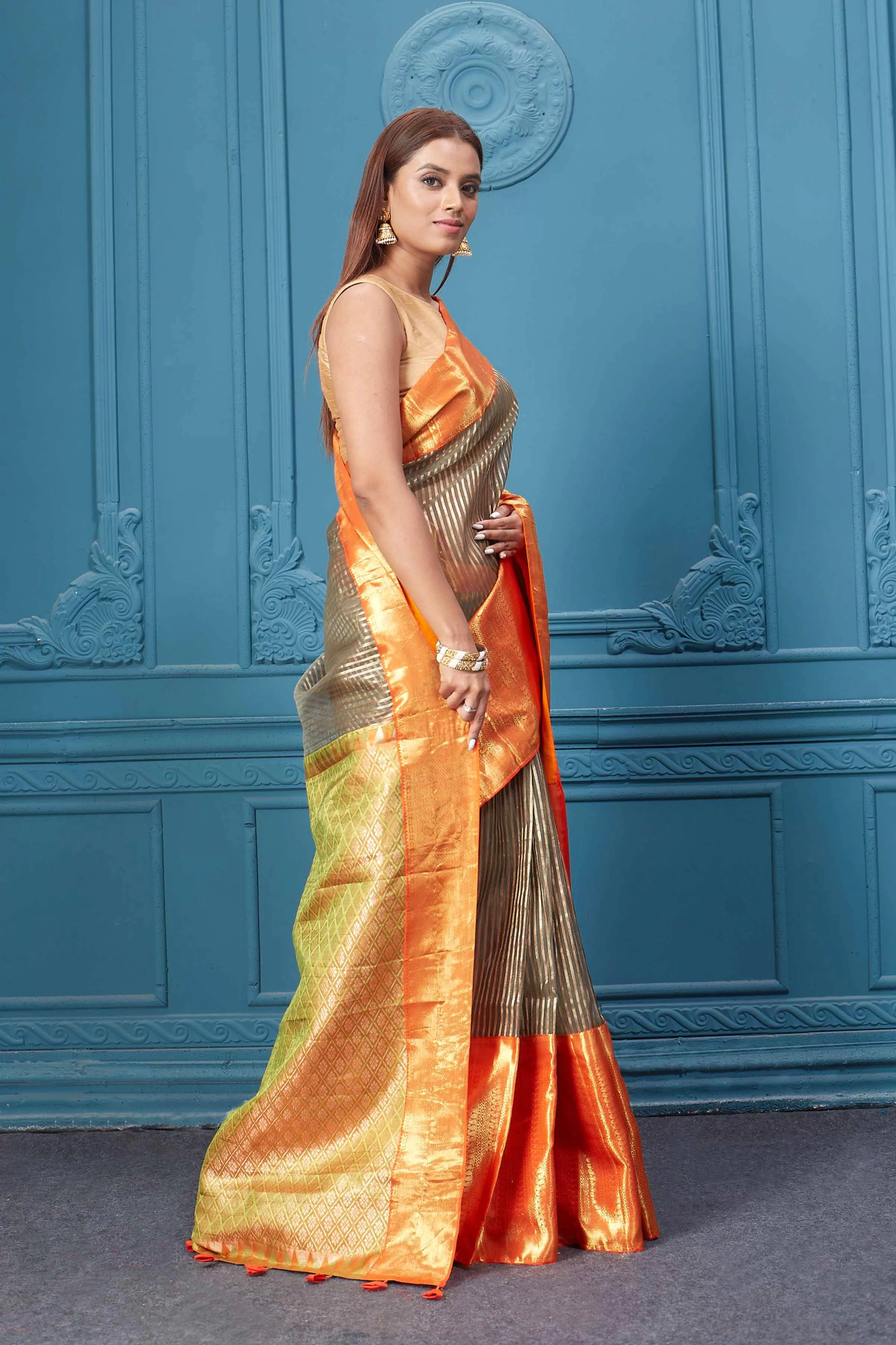 91A006 Brown Striped Kora Kanjivaram Sari with Orange Border