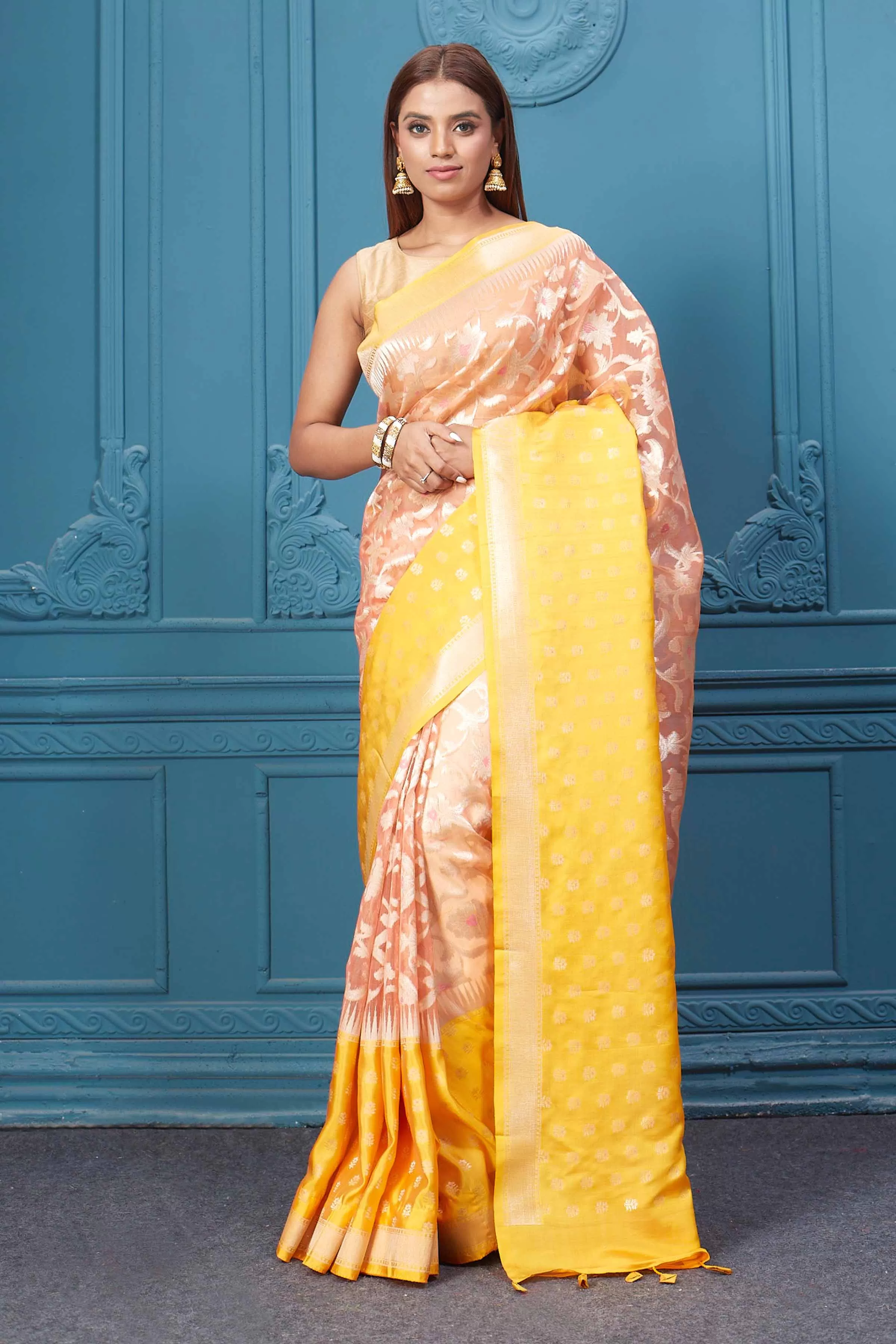 91A010 Peach Fancy Kora Saree with Yellow Border