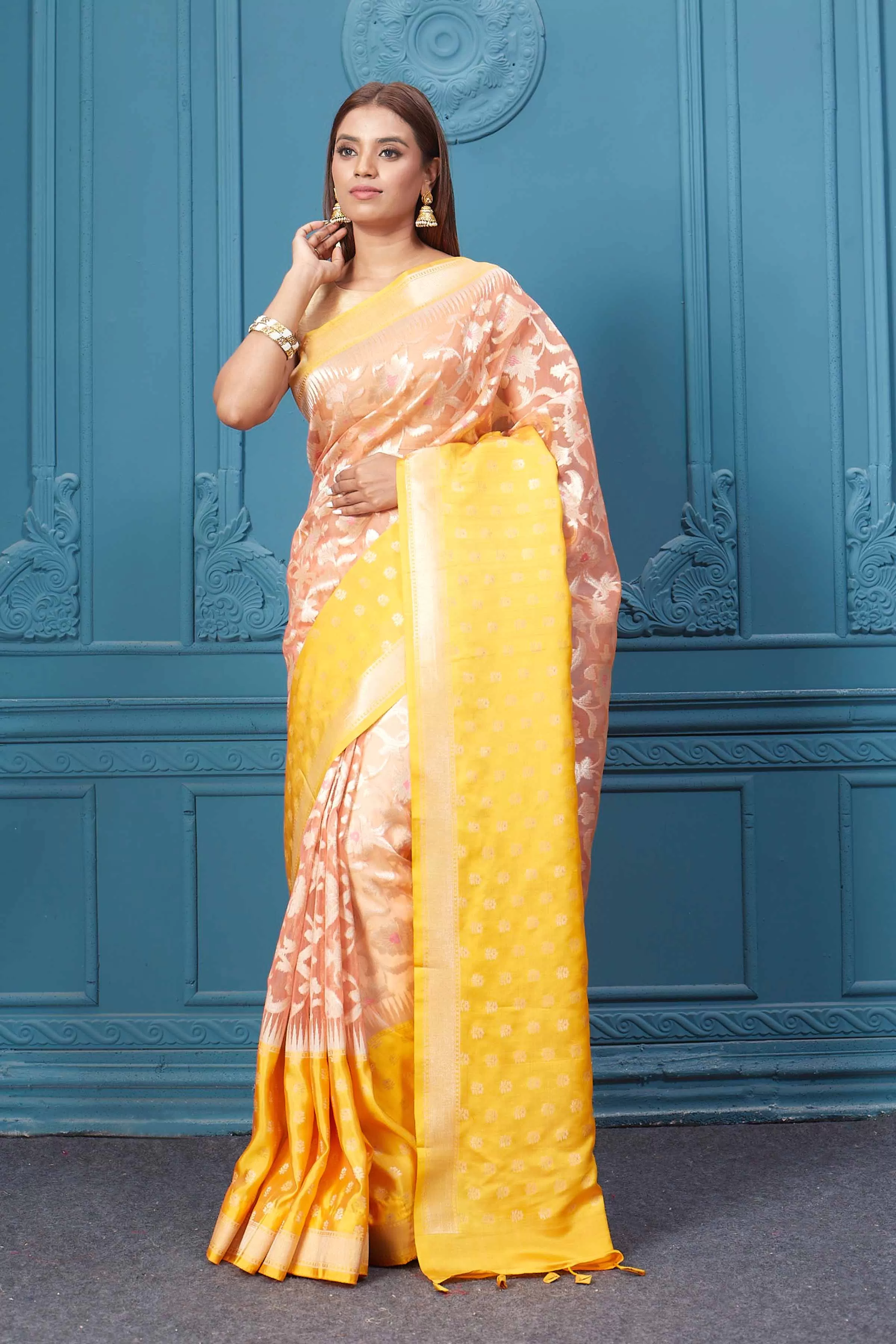 91A010 Peach Fancy Kora Saree with Yellow Border