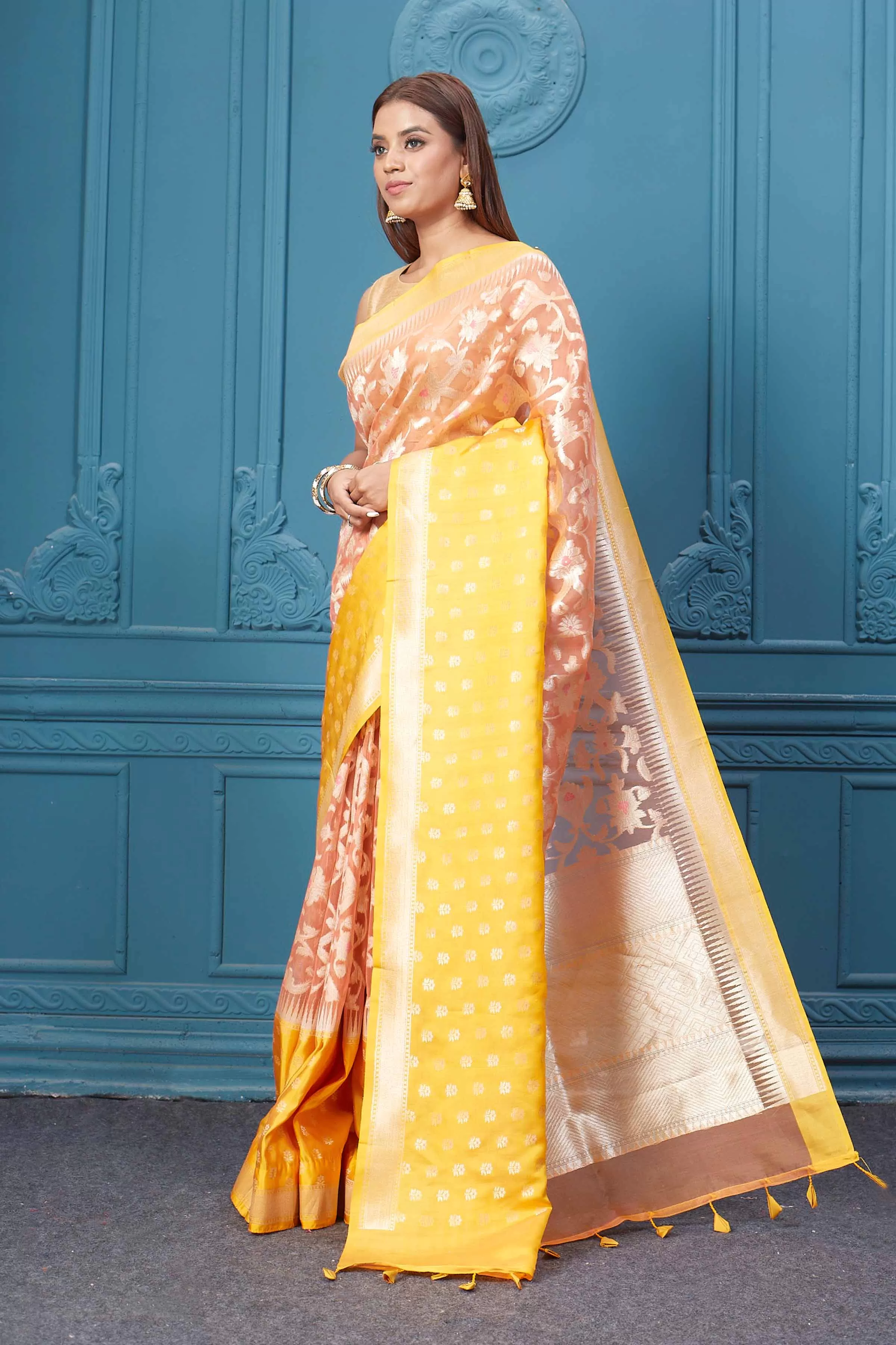 91A010 Peach Fancy Kora Saree with Yellow Border