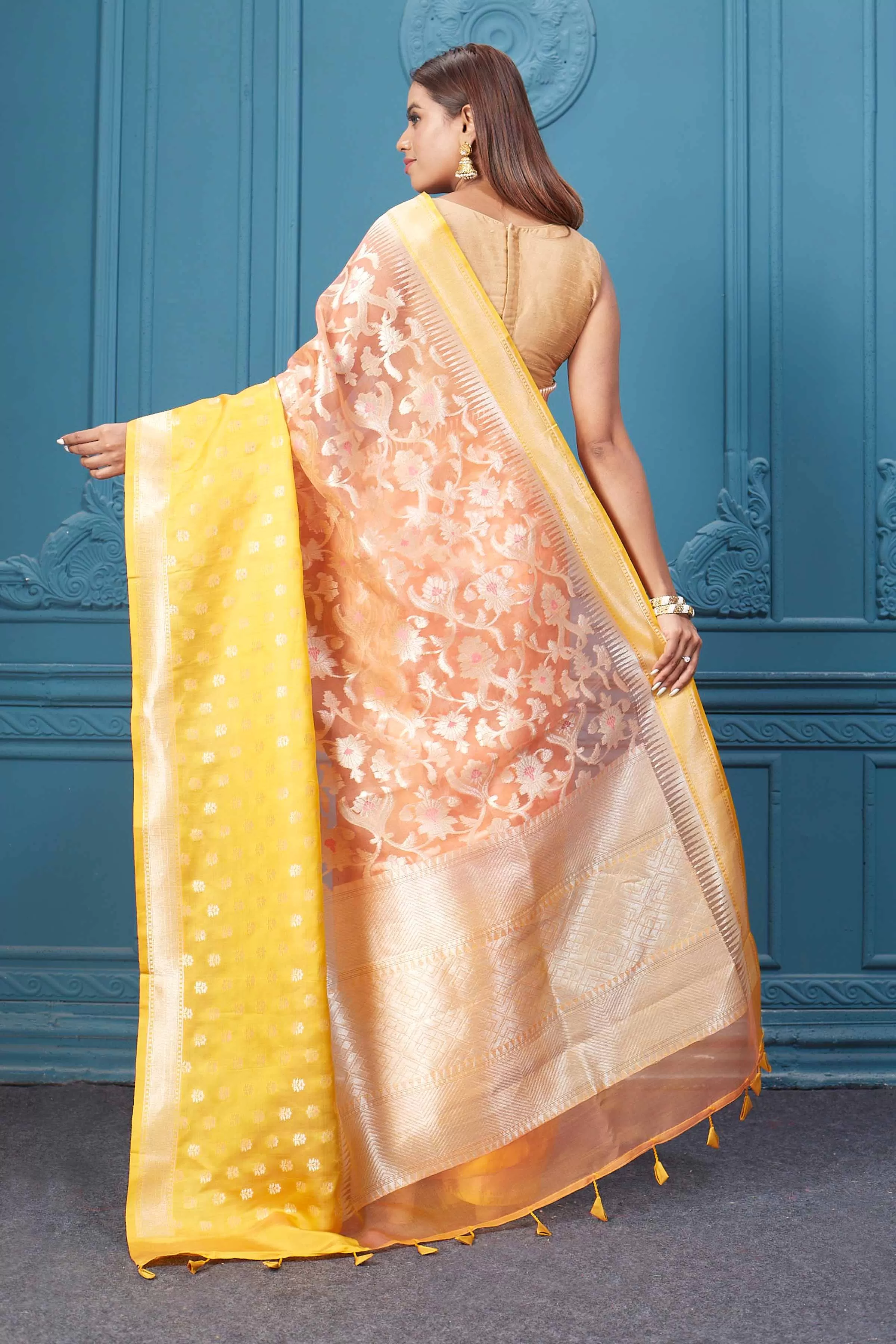 91A010 Peach Fancy Kora Saree with Yellow Border