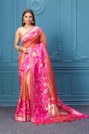 91A012 Red Striped Fancy Kora Saree with Pink Floral Border