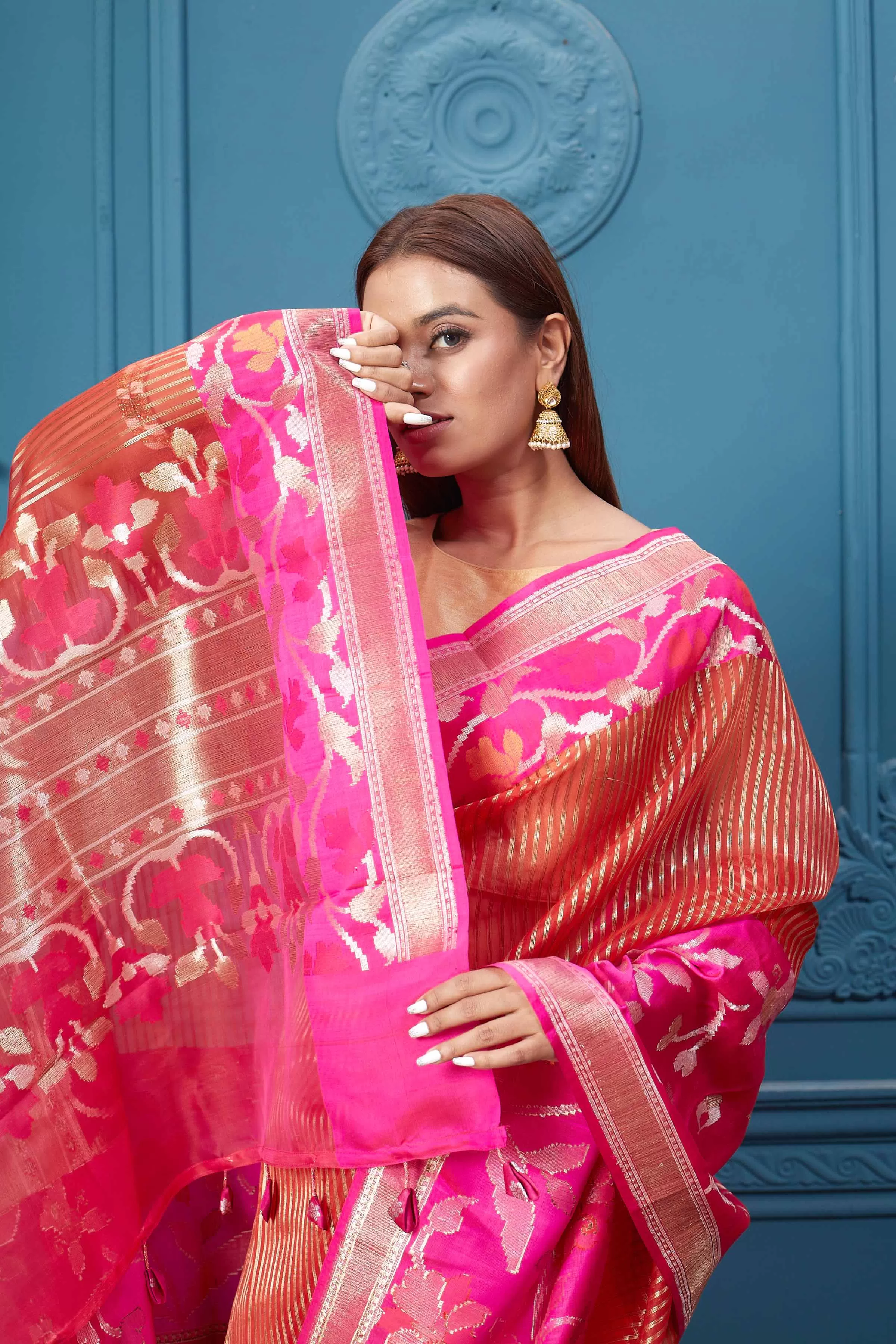 91A012 Red Striped Fancy Kora Saree with Pink Floral Border