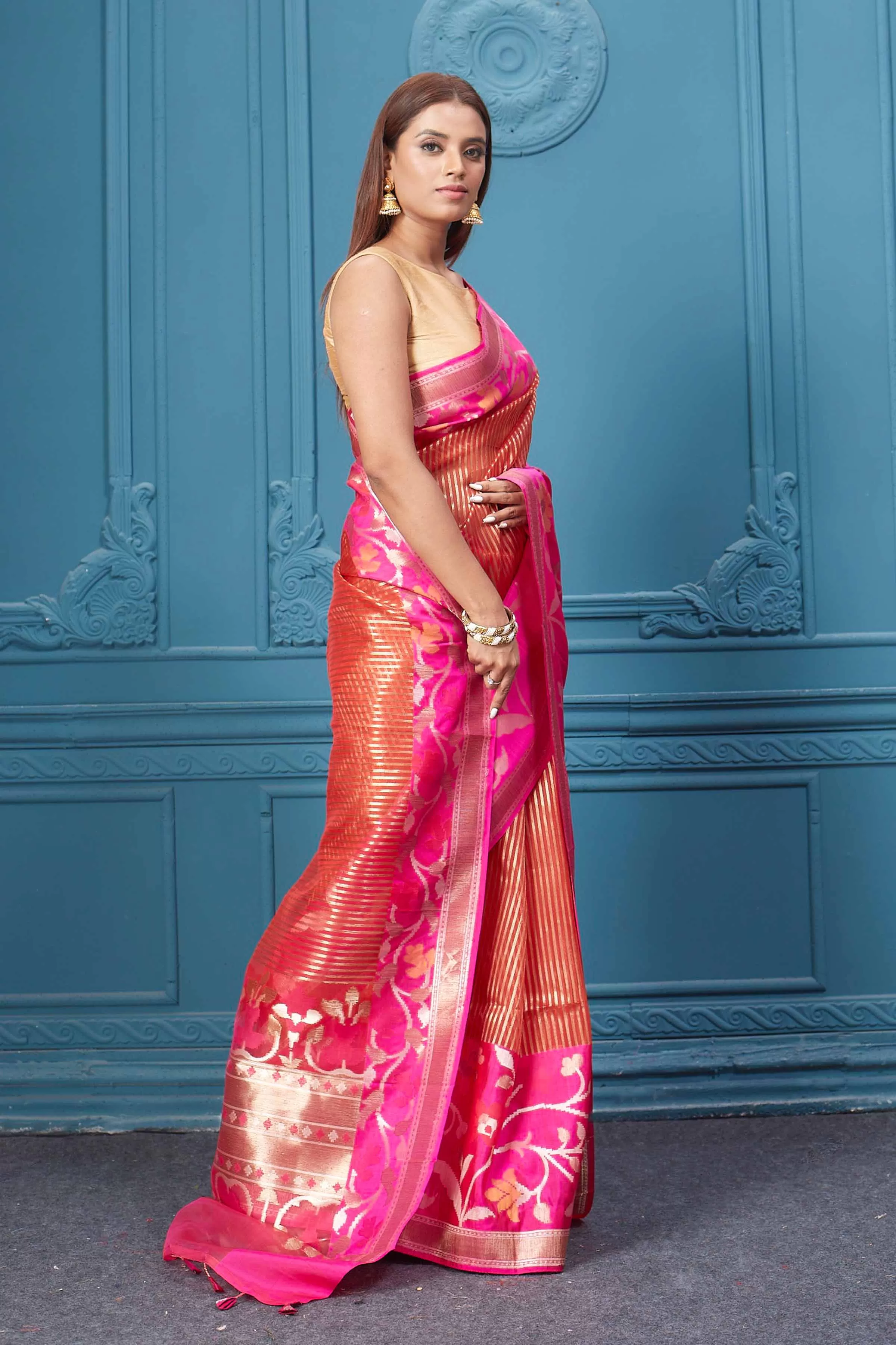 91A012 Red Striped Fancy Kora Saree with Pink Floral Border