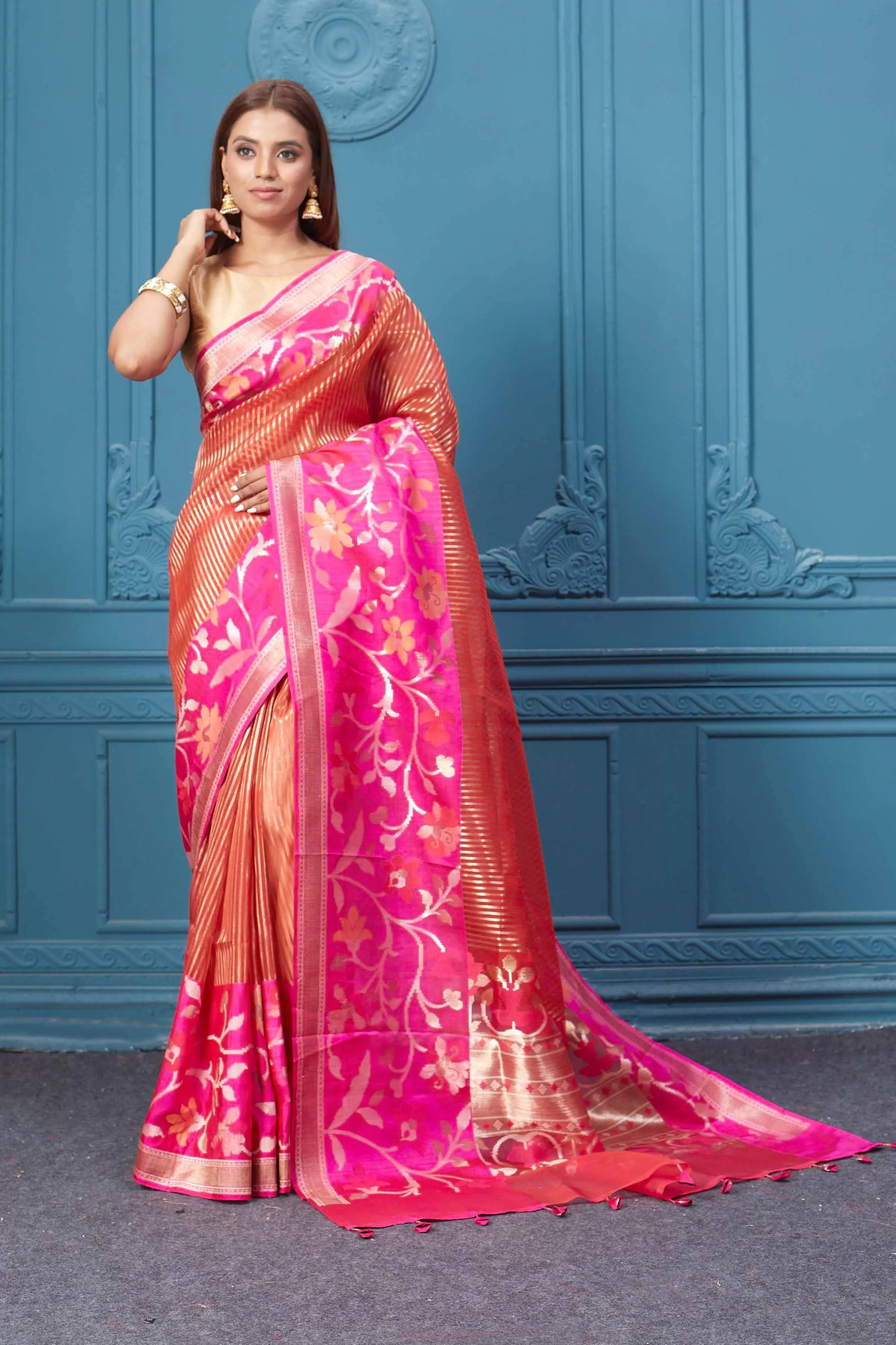 91A012 Red Striped Fancy Kora Saree with Pink Floral Border