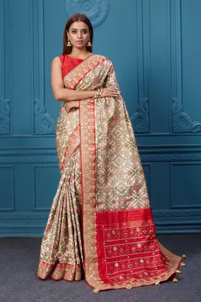 91A038 Off White Patola Silk Saree with Red Embroidered Border