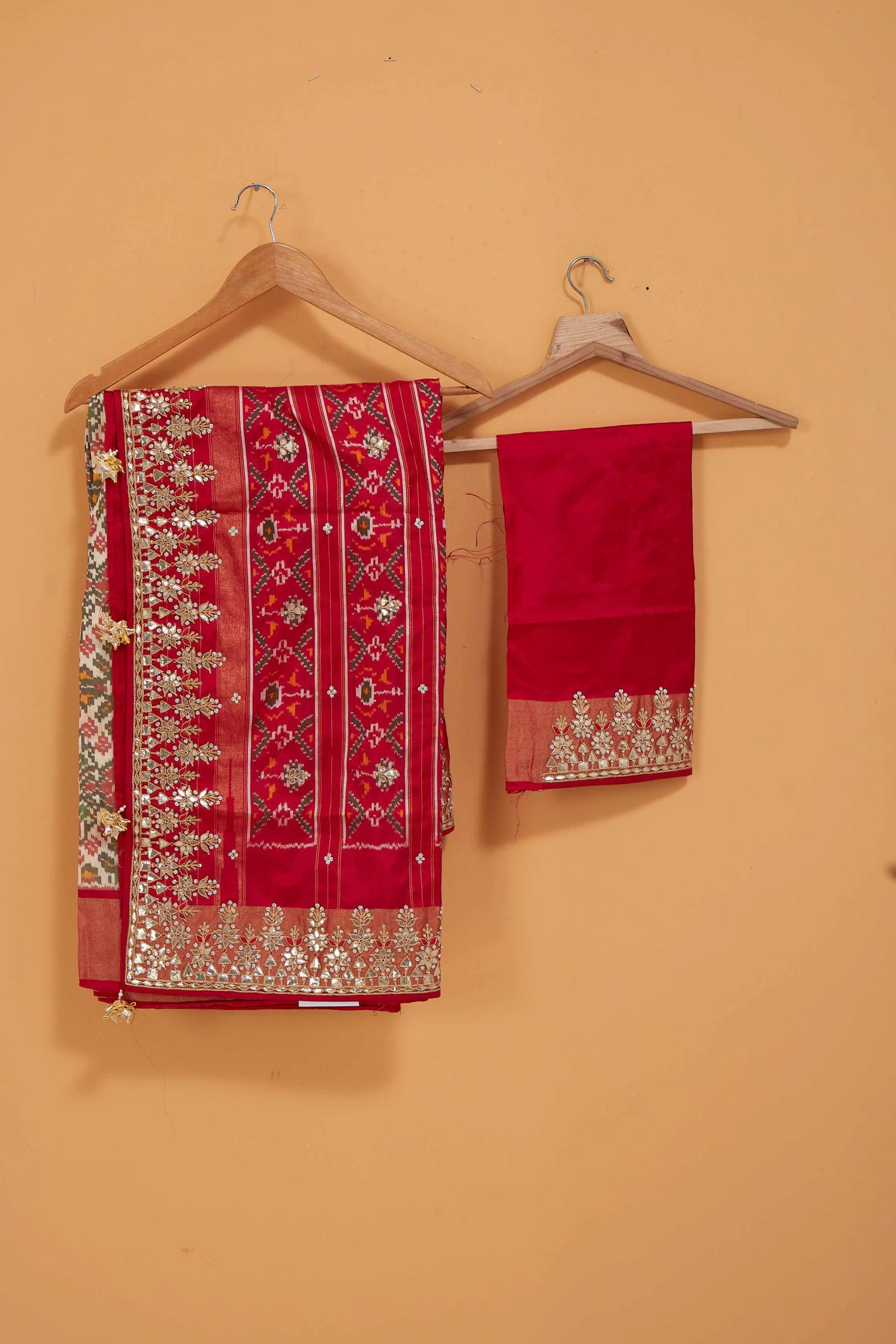 91A038 Off White Patola Silk Saree with Red Embroidered Border