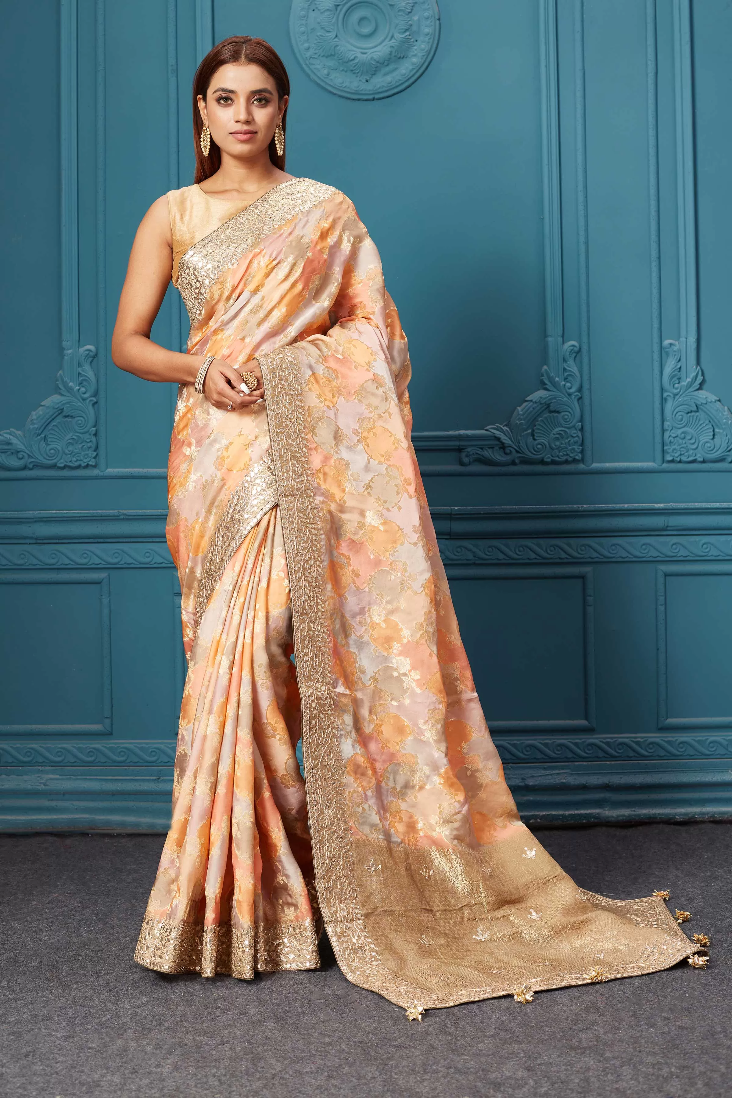 91A071 Orange and Beige Mashru Banarasi Sari with Embroidery