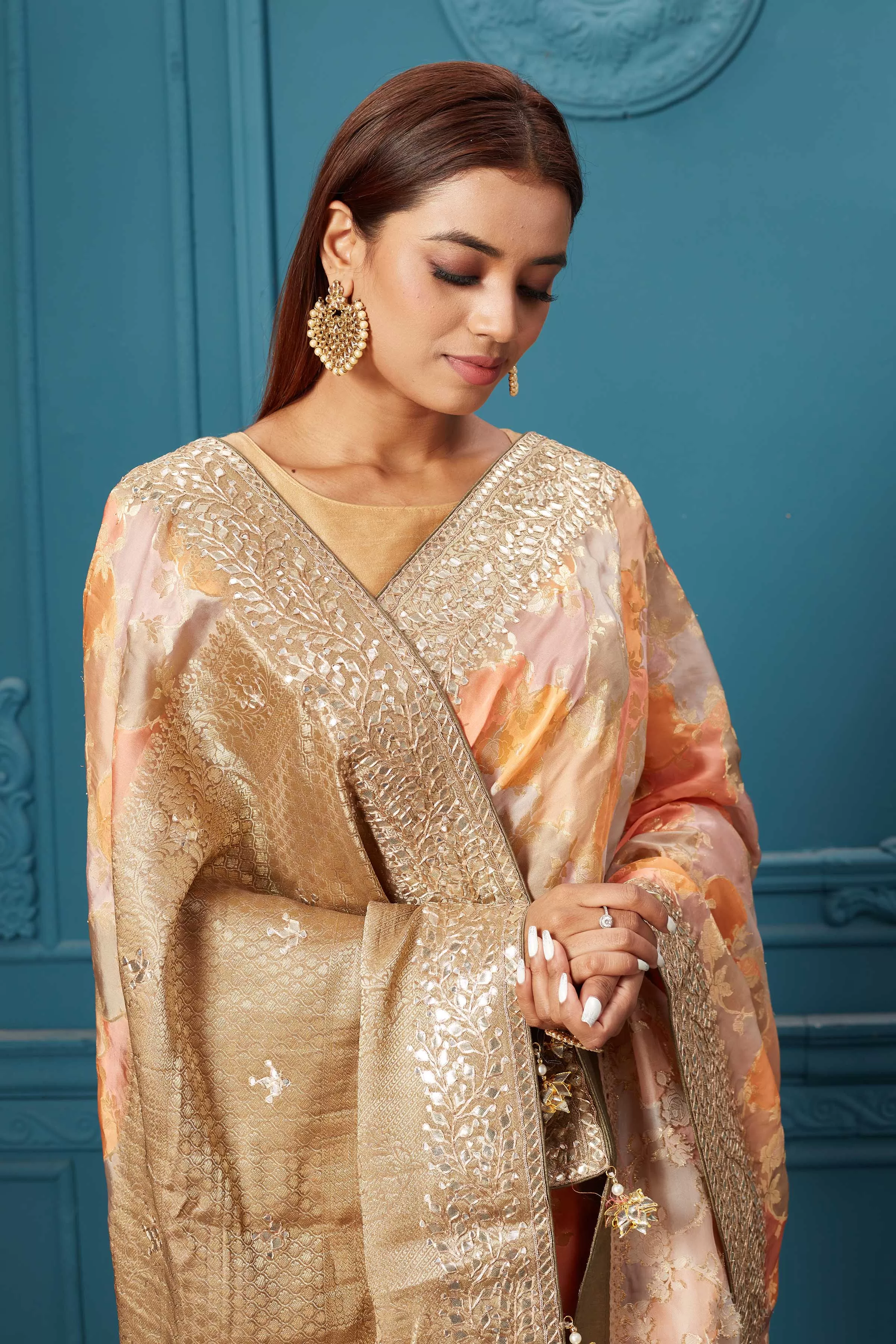 91A071 Orange and Beige Mashru Banarasi Sari with Embroidery