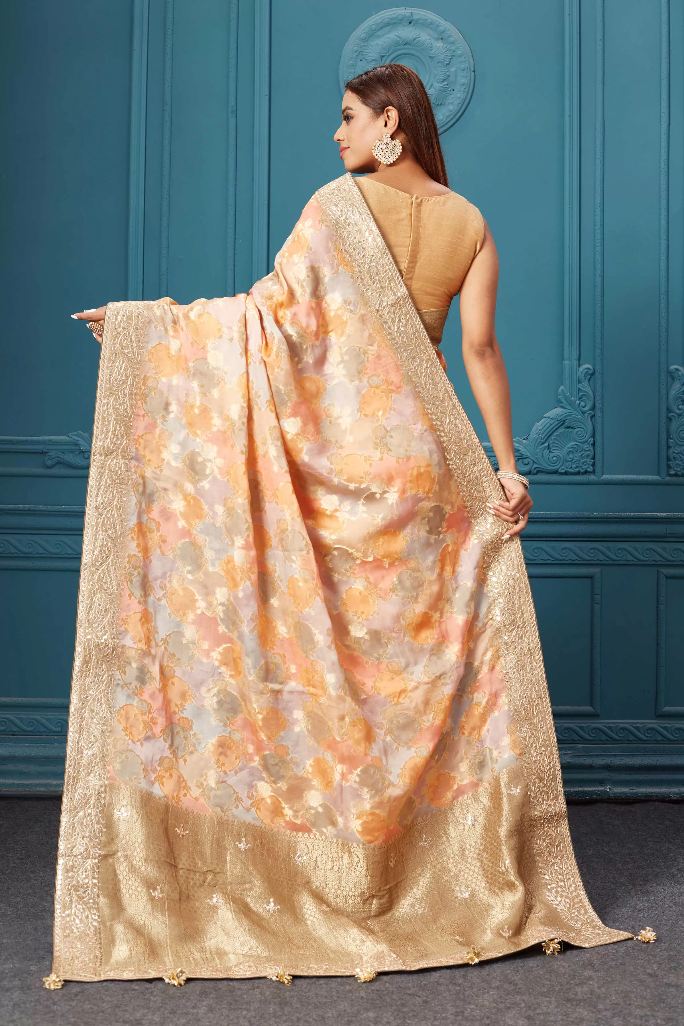 91A071 Orange and Beige Mashru Banarasi Sari with Embroidery