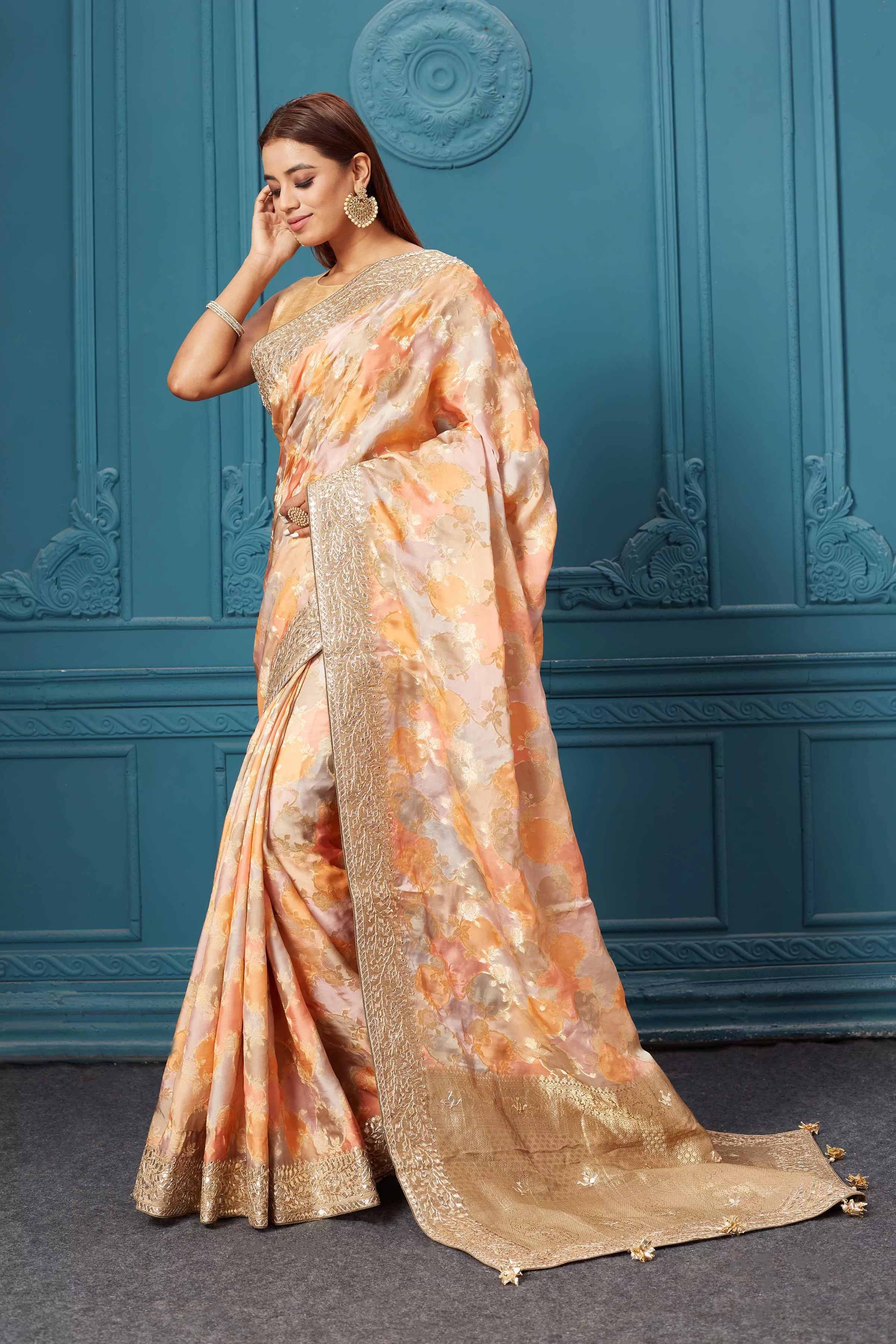 91A071 Orange and Beige Mashru Banarasi Sari with Embroidery