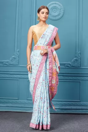 91A092 Powder Blue Printed Mulberry Silk Saree with Belt