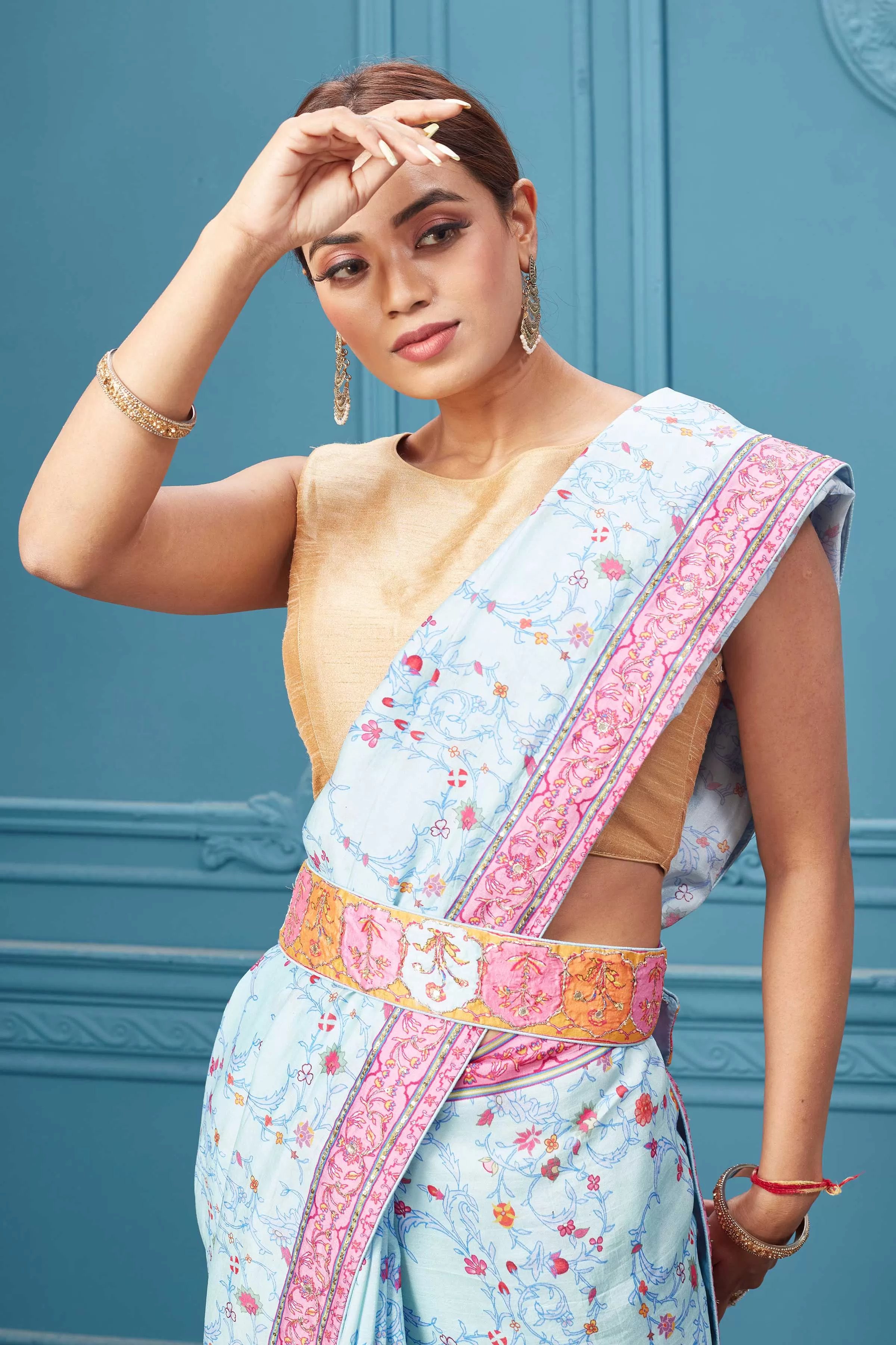 91A092 Powder Blue Printed Mulberry Silk Saree with Belt