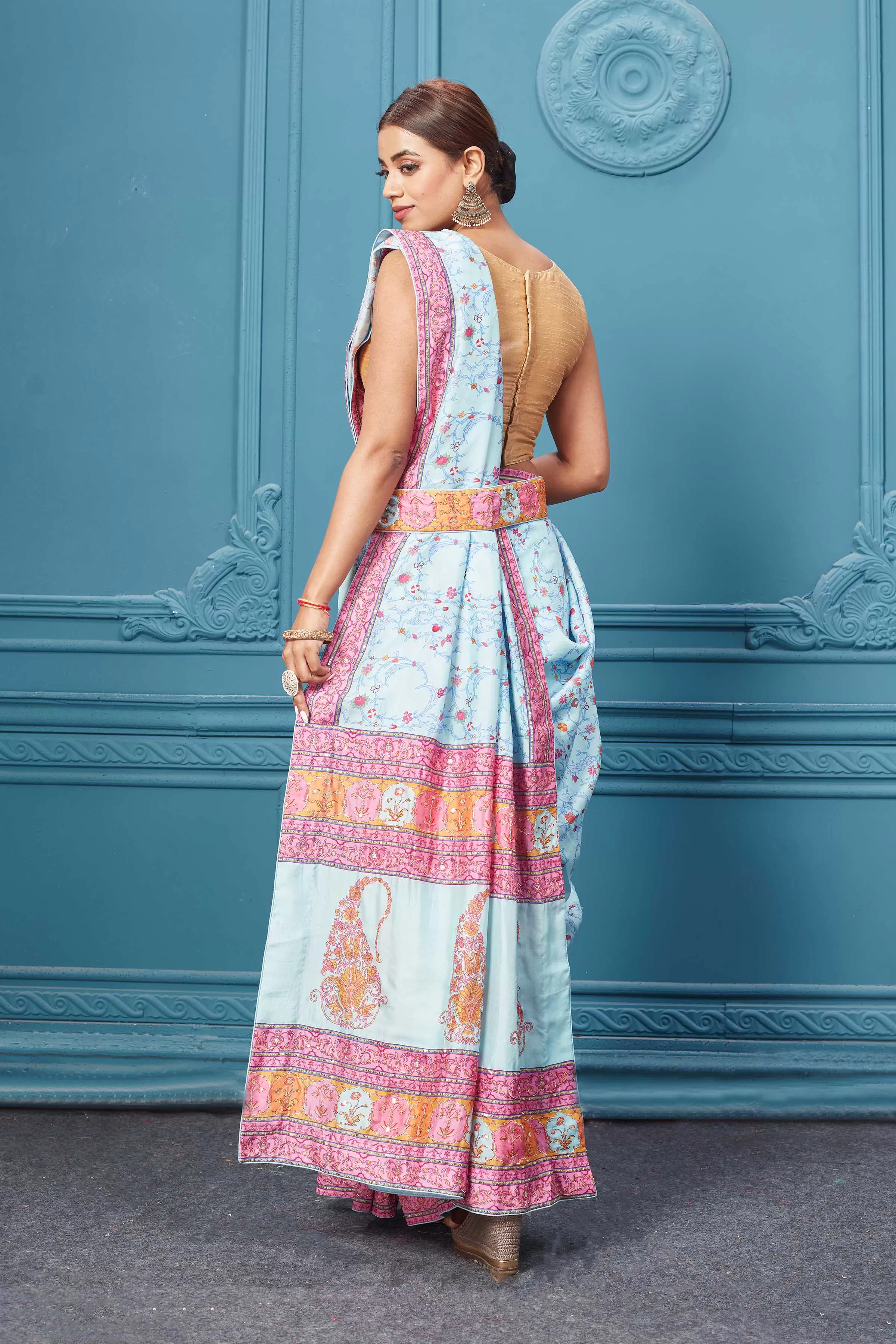 91A092 Powder Blue Printed Mulberry Silk Saree with Belt