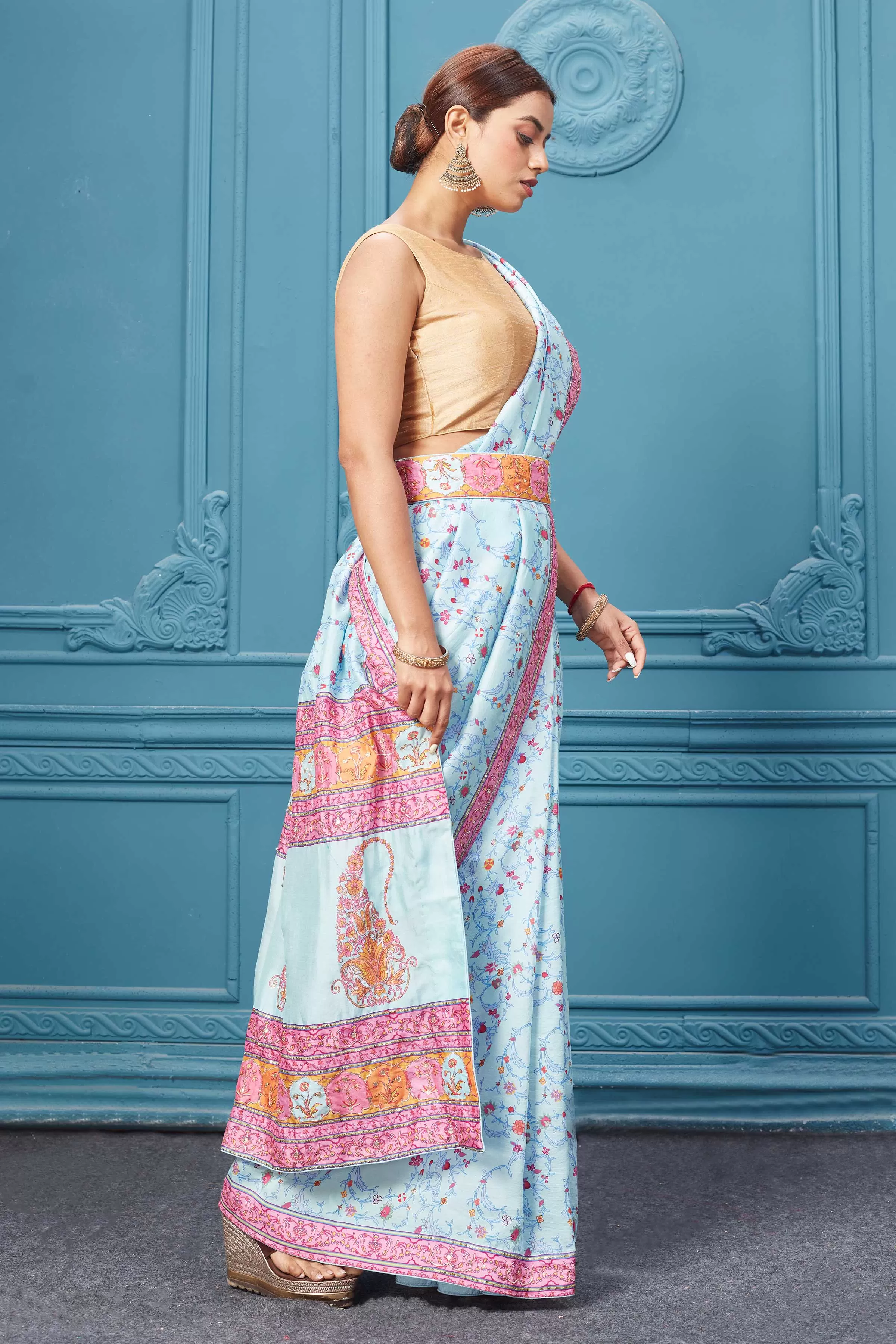 91A092 Powder Blue Printed Mulberry Silk Saree with Belt