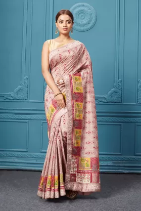 91A101 Peach Embroidered Mulberrry Silk Saree Set