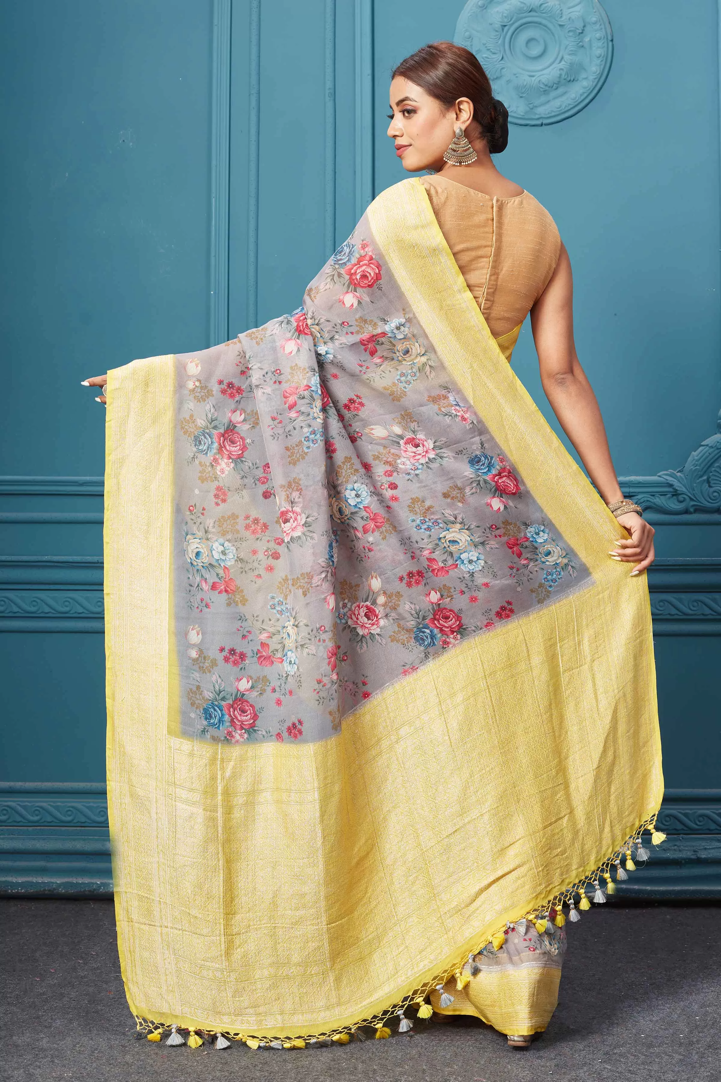 91A130 Grey Floral Chiffon Banarasi Sari with Yellow Border